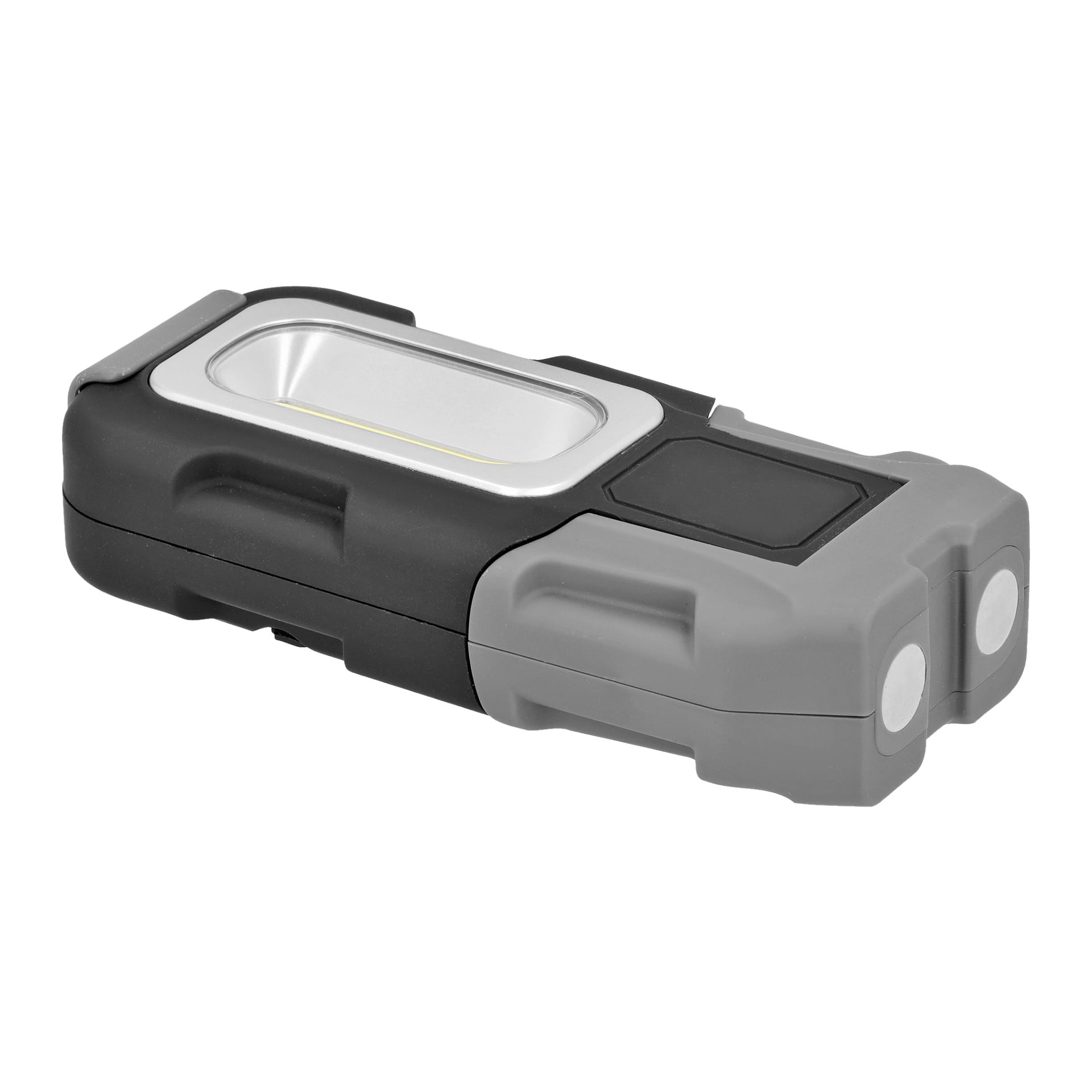 En rektangulär svart och grå Anslut batteridriven LED-arbetslampa med en metallremsa längs toppen och två runda lampor framtill.