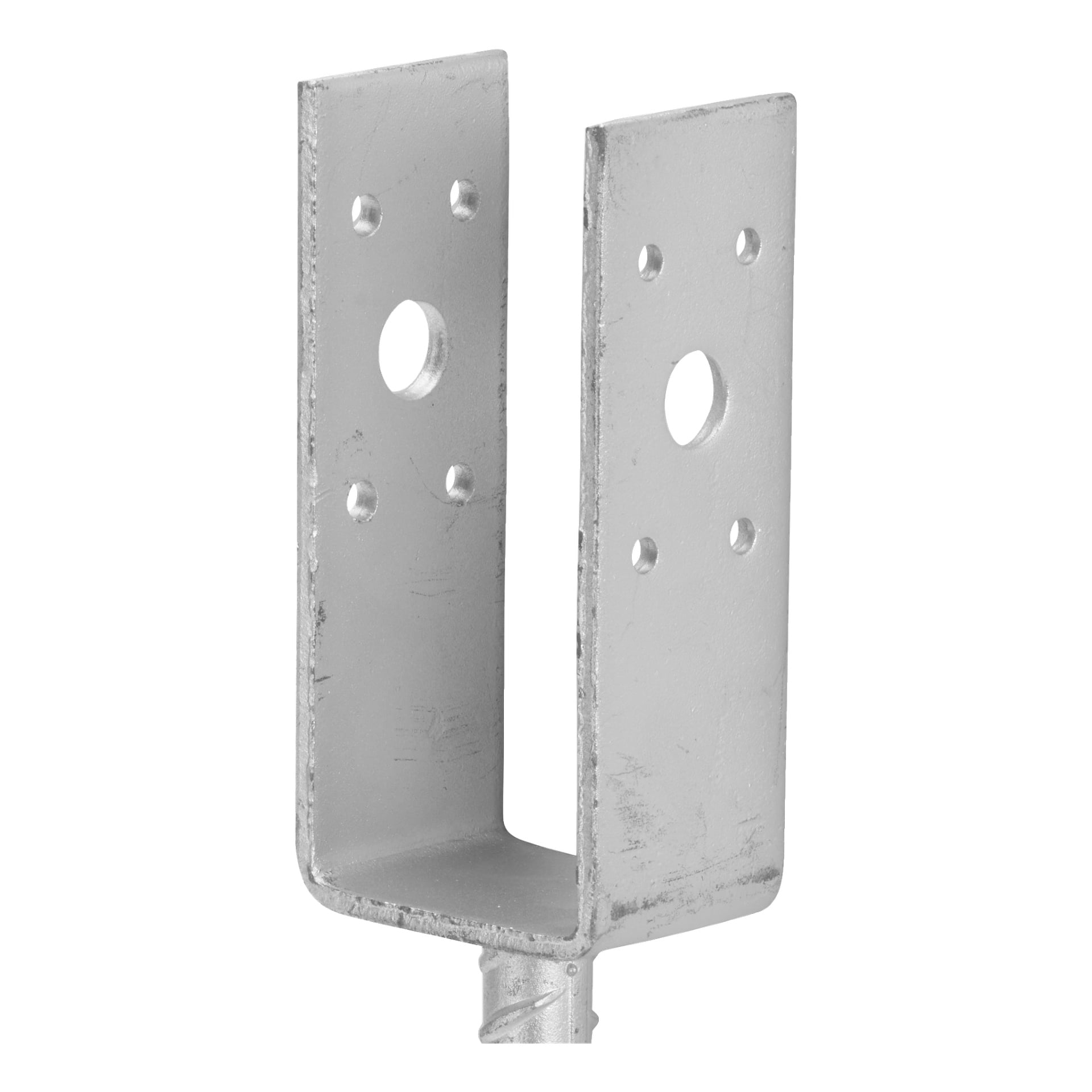 En detaljerad vy av Hard Head Post Shoe, som visar dess metallformade U-formade form med fyra små hål och ett stort hål på varje sida, byggd för bärande stöd.