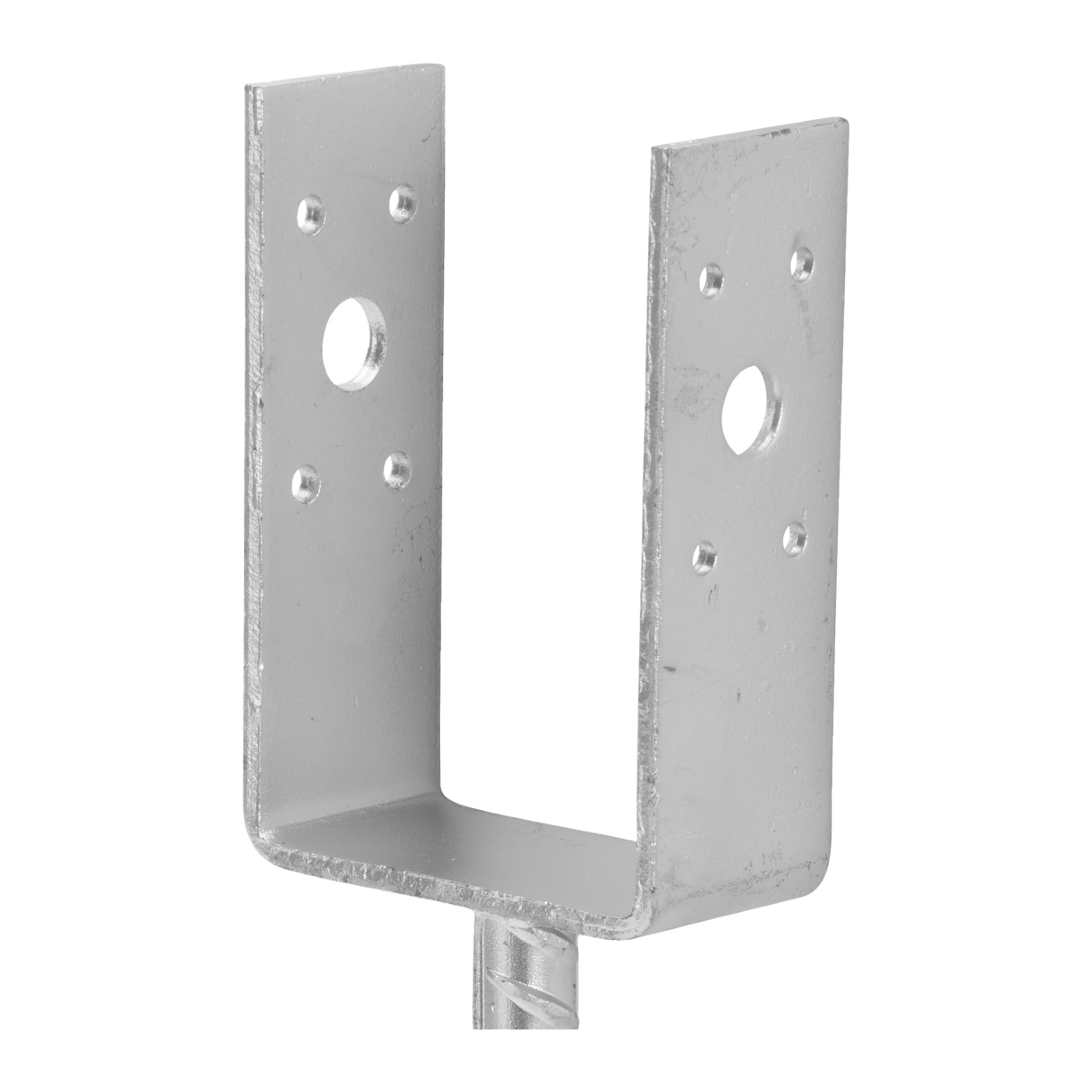 En hård huvudstolpsko visas med ett metallformat U-format fäste, där varje sida innehåller fyra små hål och ett enda stort hål, fäst vid en metallstång. Fästet har en slank metallisk finish.
