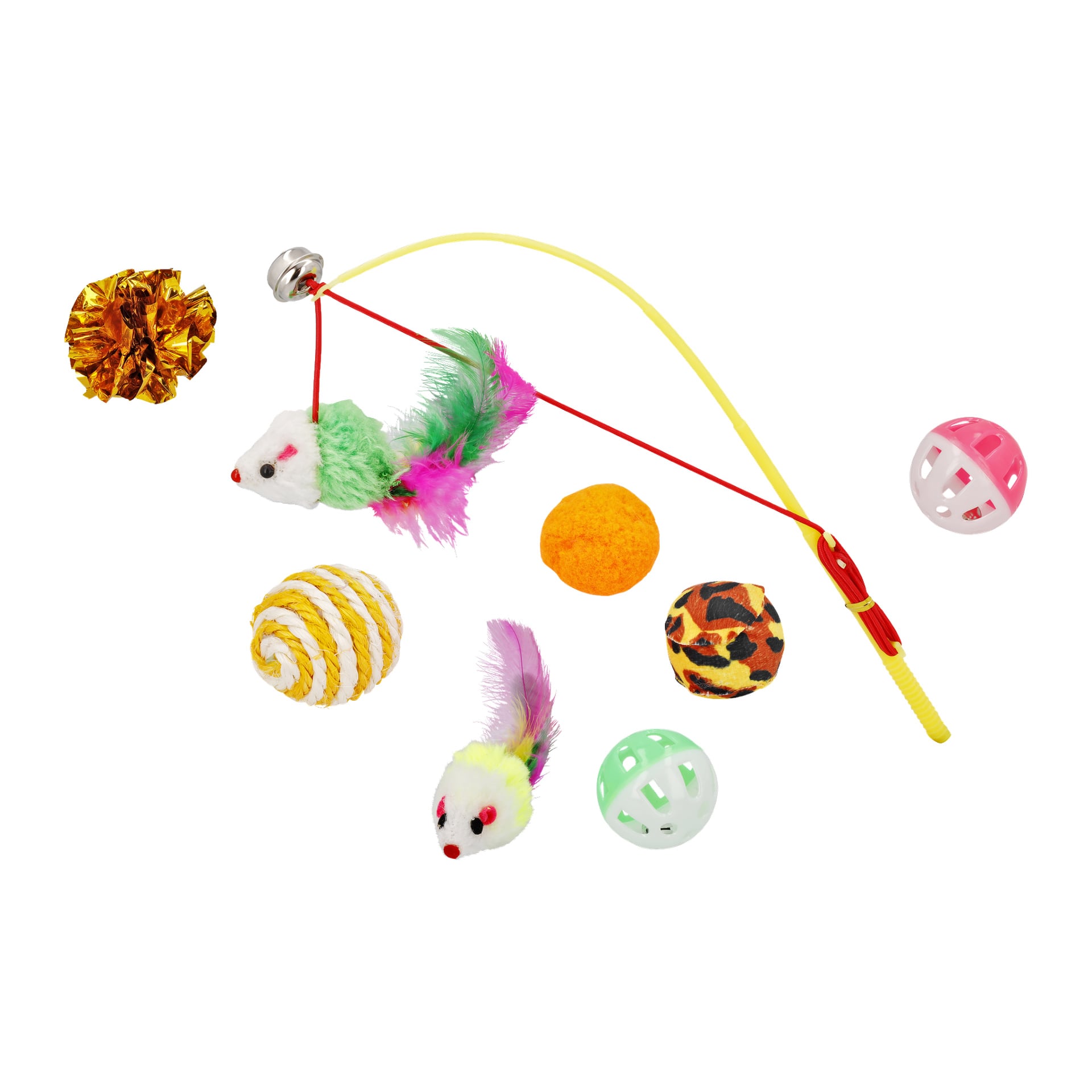 Kayoba Cat Toys-setet innehåller 10 delar, inklusive ett par musleksaker, en gul stav med en klocka, en gyllene skrynkliga boll, en mjuk orange boll, en randig boll, en leopardmönstrade boll och två plastbollar – en grön och en rosa.