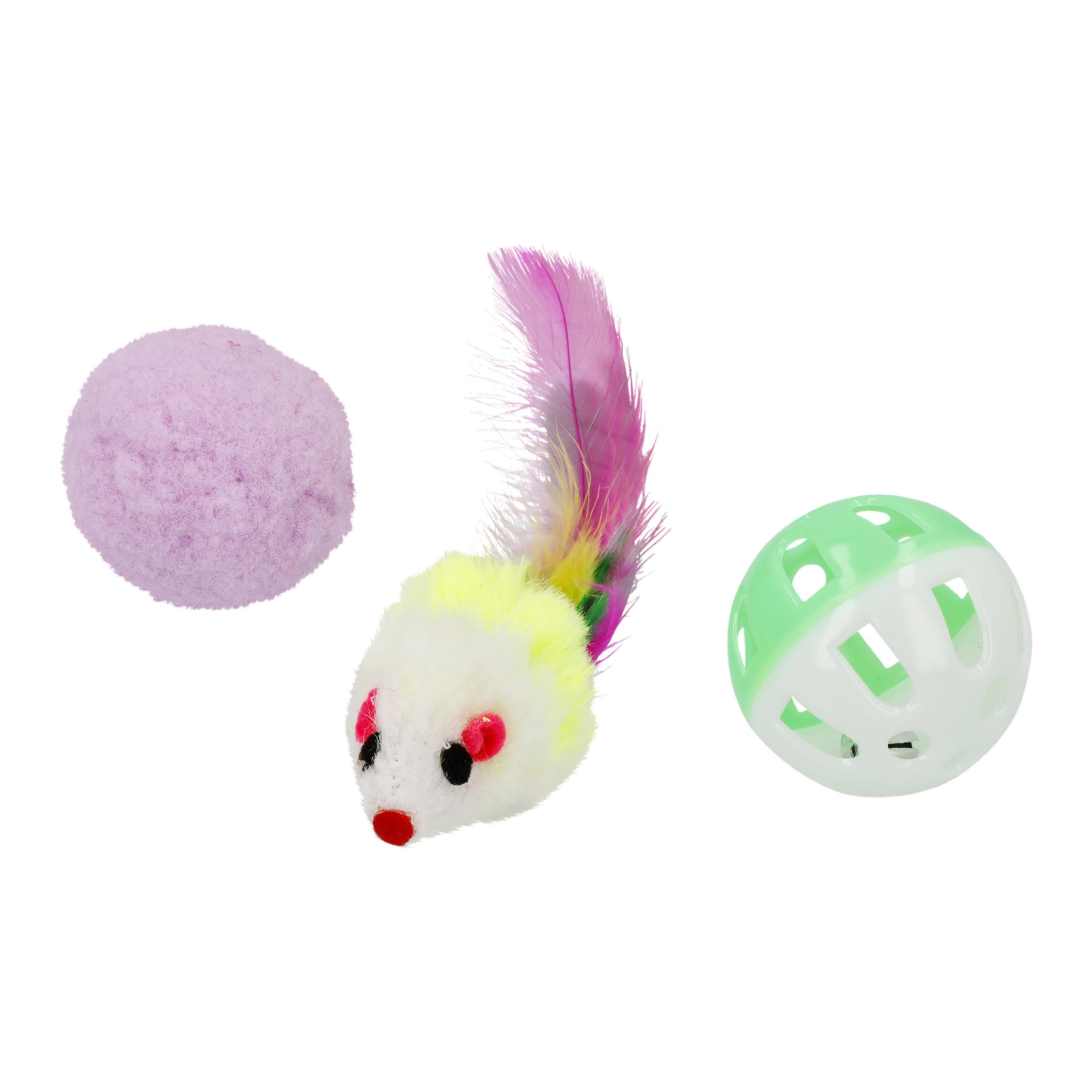 Tre leksaker från Kayoba Cat Toys 10 Pieces-setet visas: en rosa luddig boll, en vit musleksak med röda ögon och en rosa-gul fjäderprydd svans, samt en grön-vit plastboll med slids.