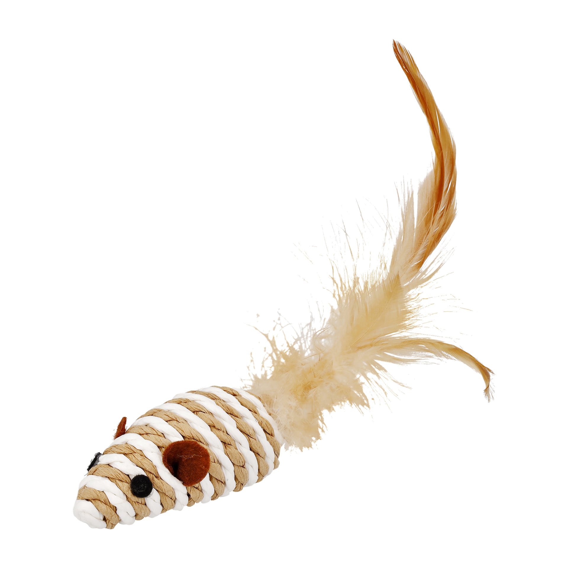 Kayoba Cat Toys 10-pack har en musformad leksak gjord av ringlade vita och beige rep, med bruna filtöron, små svarta ögon och en lång, fluffig fjädersvans.