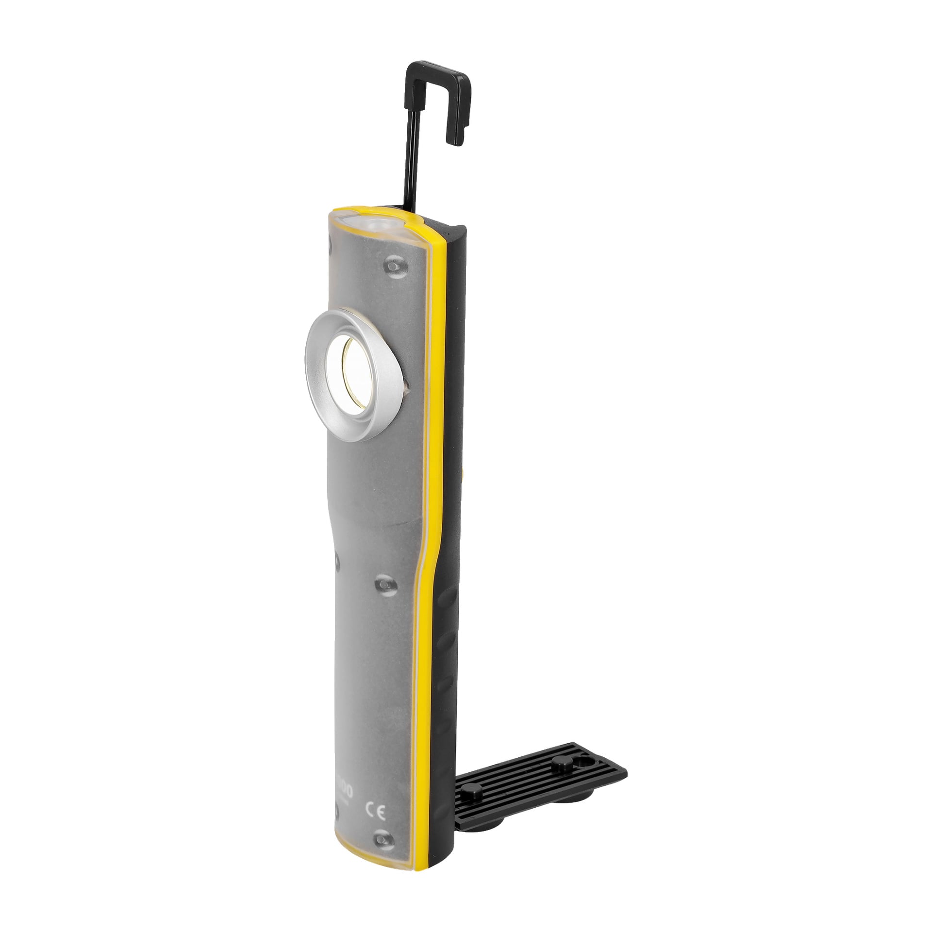 Anslut Rechargeable Work Light är en kompakt handhållen enhet med en rund LED-lampa, stadigt gult och grått hölje, en svart krok på toppen för enkel upphängning och ett hopfällbart svart stativ vid basen för stabilitet.
