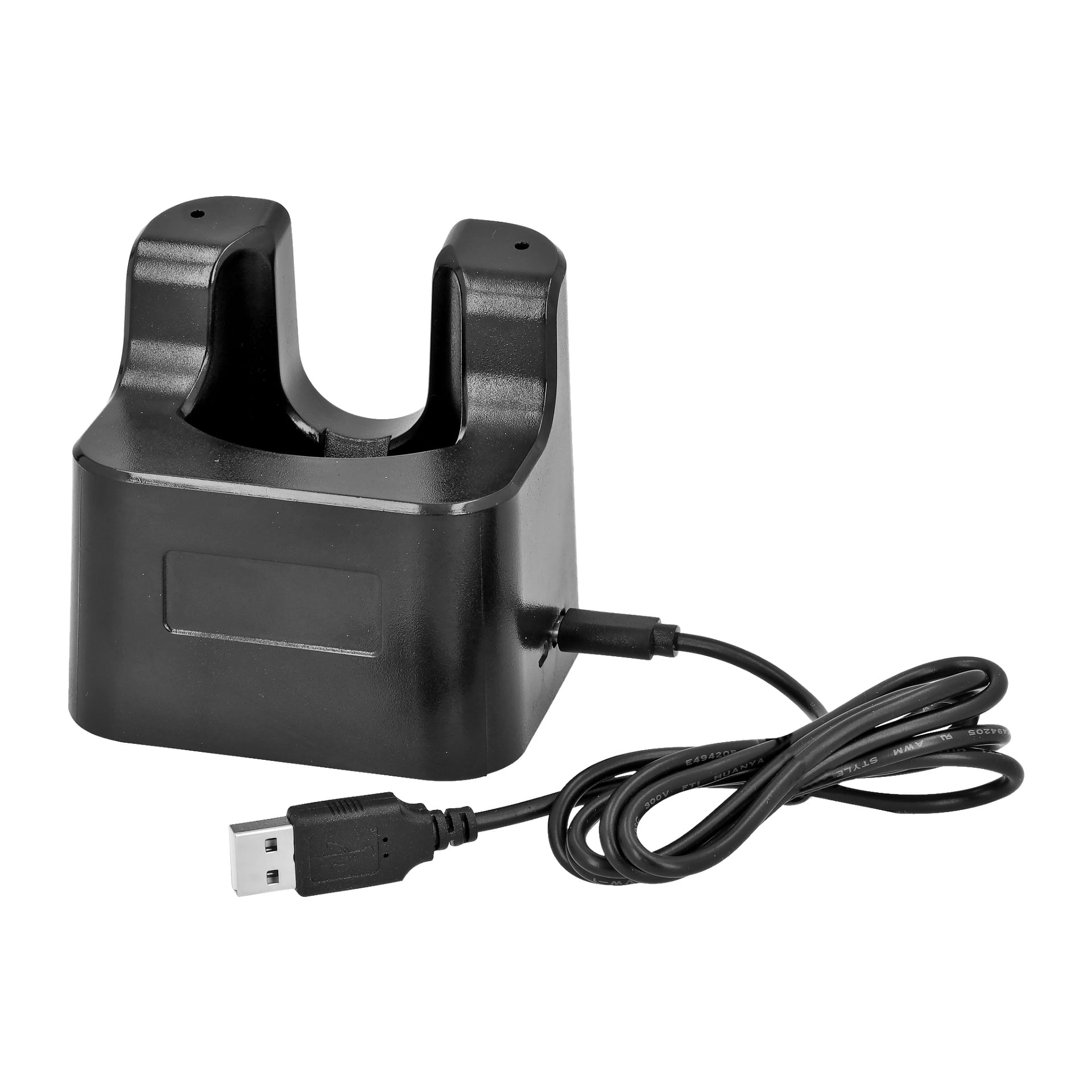 Black Anslut uppladdningsbar arbetslampa med rektangulär bas, ansluten till en spiralad USB-kabel som slutar i en USB-A-kontakt. Dockan har två upprättstående platser avsedda för att säkert hålla och ladda kompatibla Anslut uppladdningsbara arbetslampor.