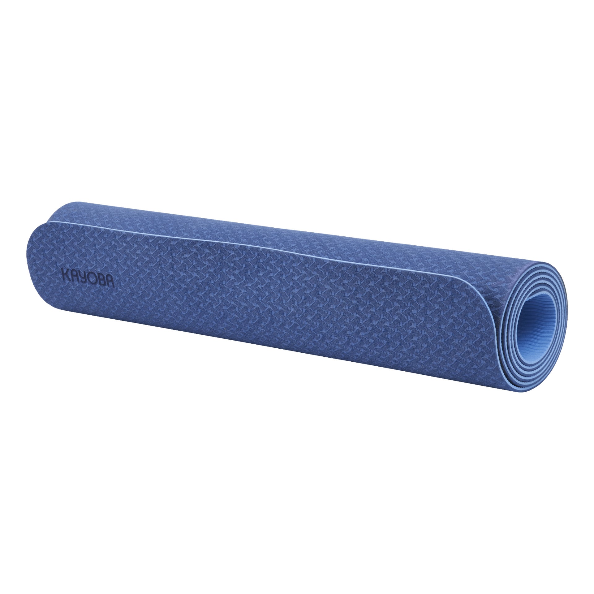 En rullad Kayoba-yogamatta visar sin texturerade yta, med varumärket längs ena sidan. Mattan är blå och har en ljusare blå kant som syns på kanten av rullen.