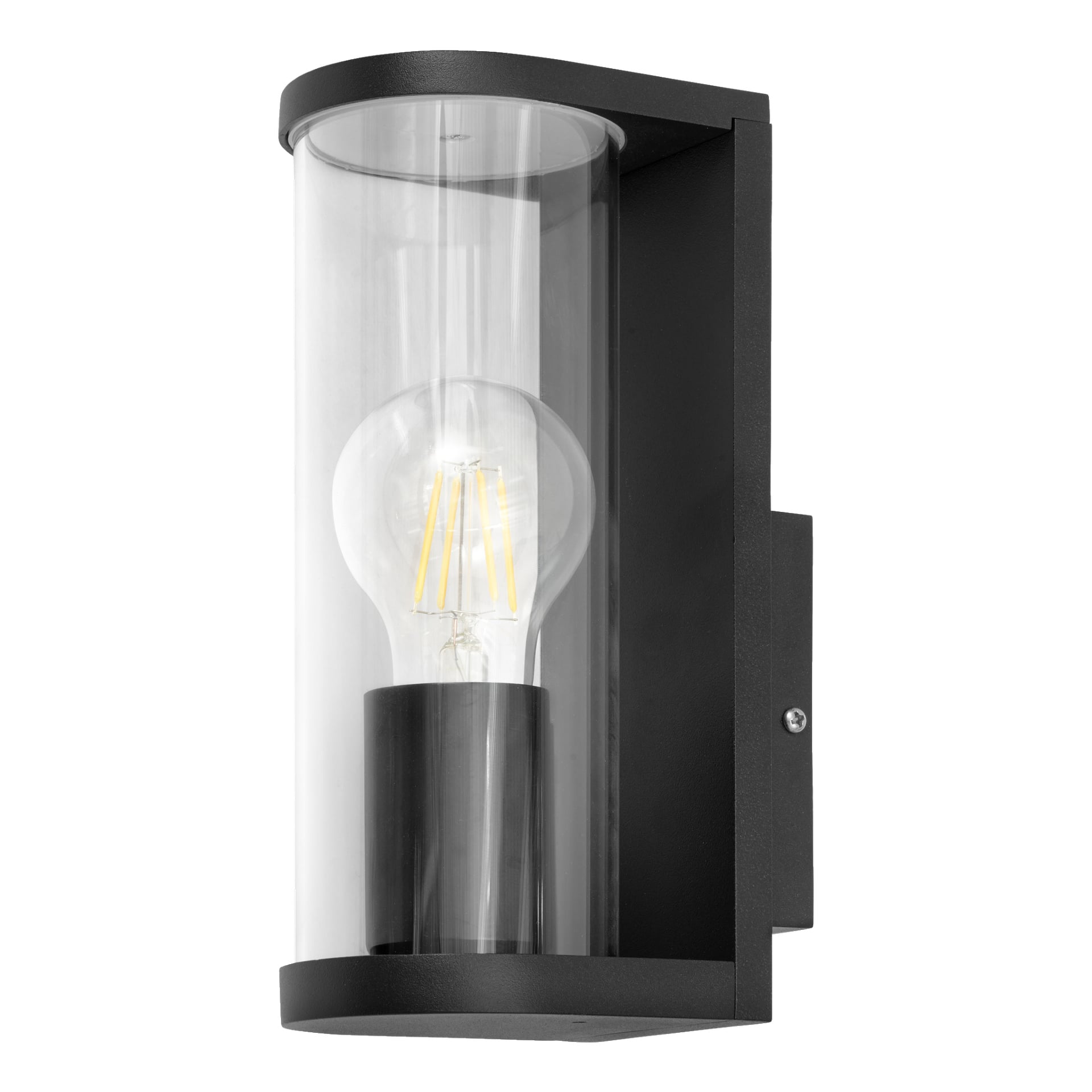 En svart EKVAP-vägglampa monteras på väggen och visar en cylindrisk klar glasskärm som visar en exponerad glödtrådslampa. En skruv syns på sidan där armaturen är fäst vid väggen.