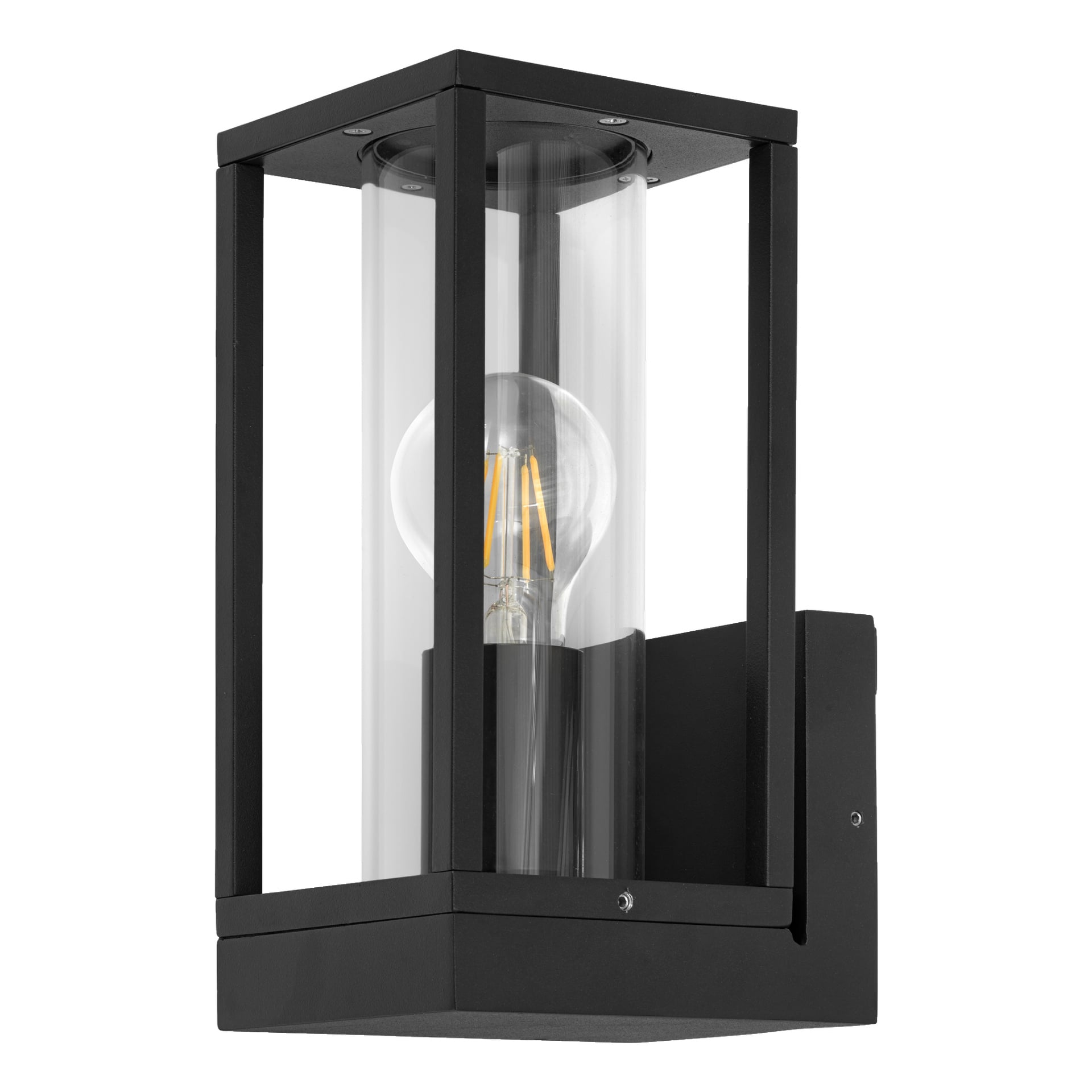 EKVIP vägglampa är designad med en slank svart metallstruktur och en transparent cylindrisk glasskärm som visar en synlig LED-glödtrådslampa. Den är fäst på en rektangulär bakplatta, vilket gör den lämplig för utomhusbruk.