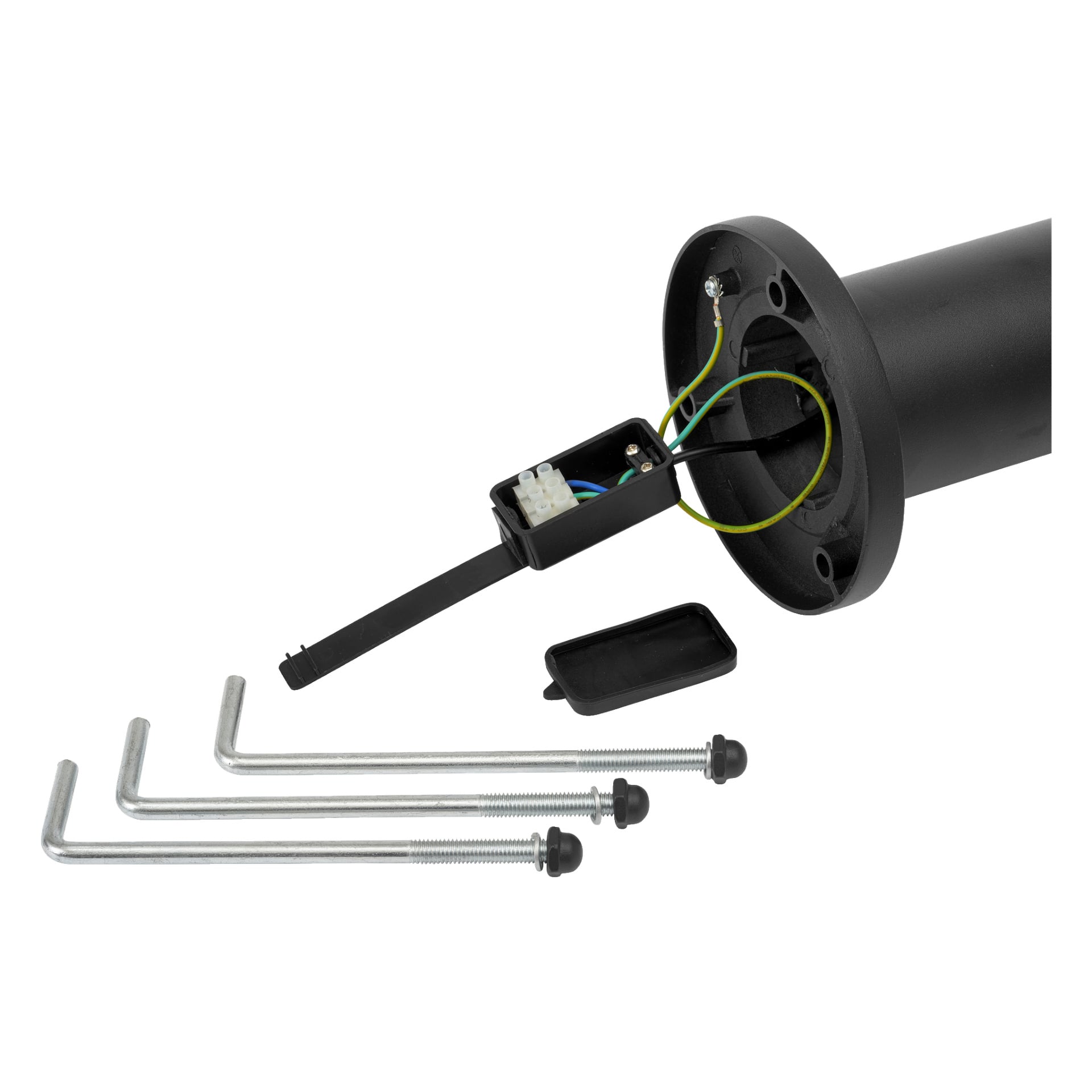 Närbild på EKVIP-lyktstolpen som visar en svart cylindrisk del med exponerad ledning och en kontaktbox, bredvid ett borttaget lock och tre L-formade metallbultar med brickor och muttrar.