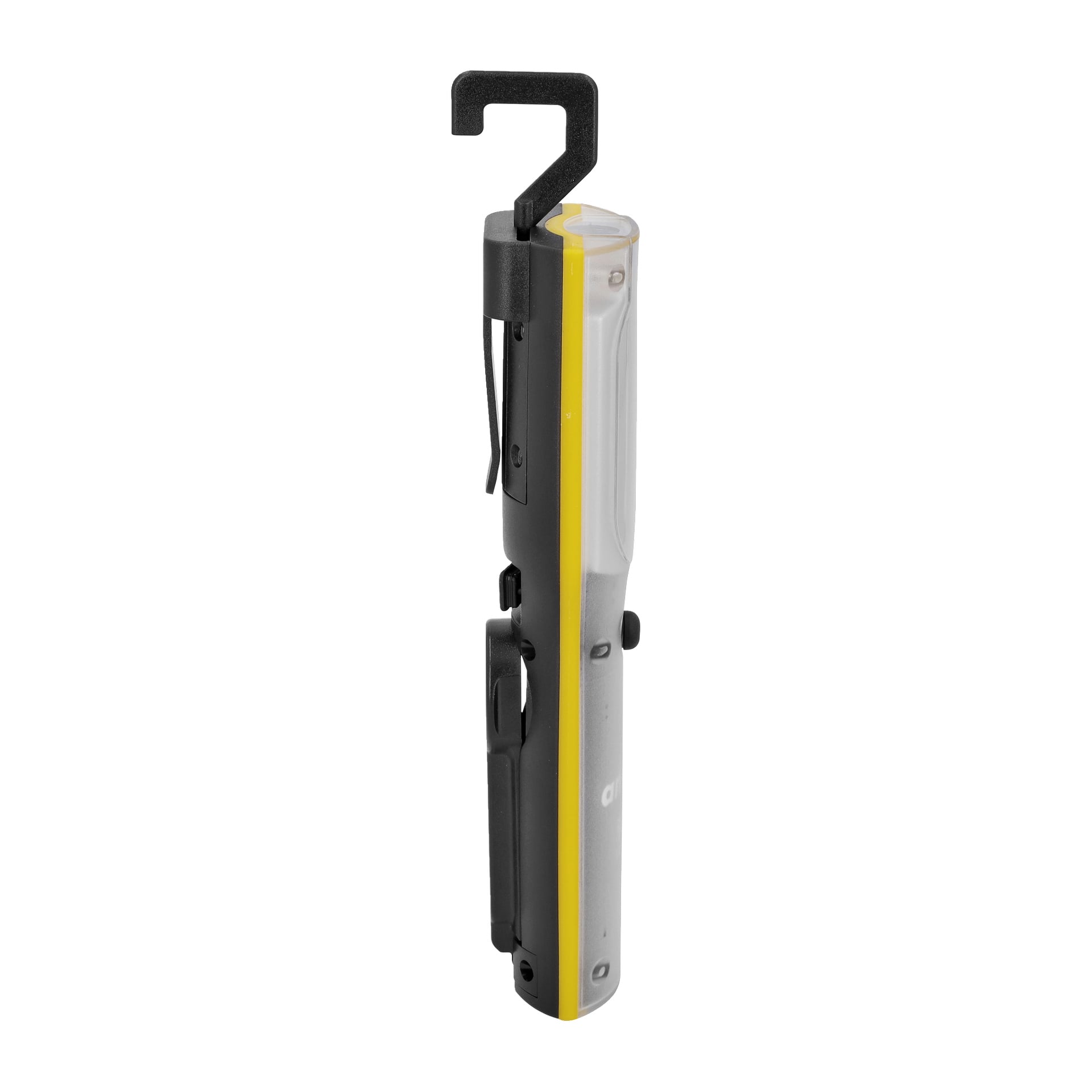 En portabel Anslut Rechargeable Work Light med gul svart kant, genomskinligt framkåp, sidomonterad klämma, tryckknappskontroll och en svart krok på toppen för enkel upphängning.