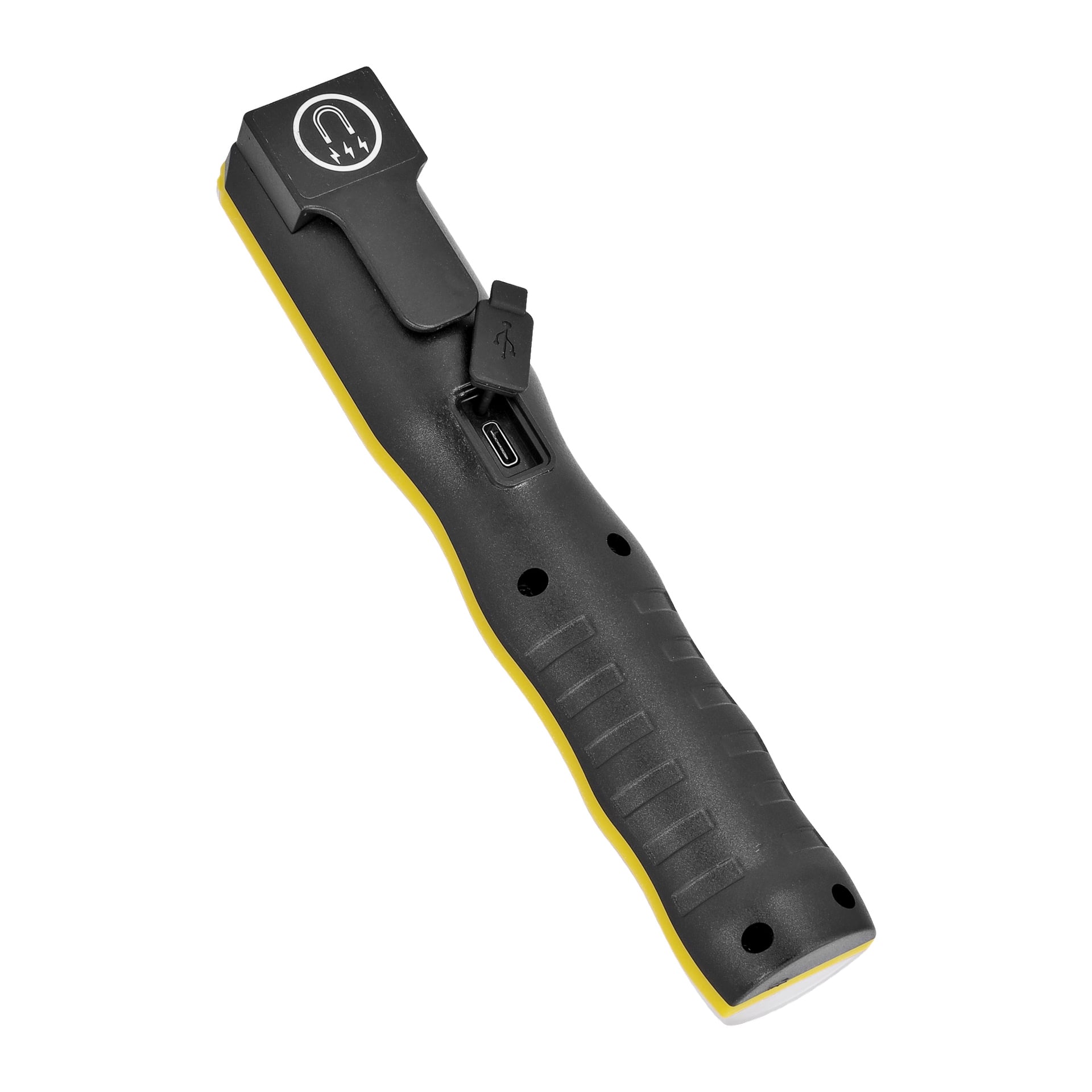 En svart LED-uppladdningsbar arbetslampa från Anslut med gul kant, utrustad med strömknapp, indikatorikon och USB-laddningsport på sidan. Lampan har ett texturerat handtag och en säkerhetsbrytare.