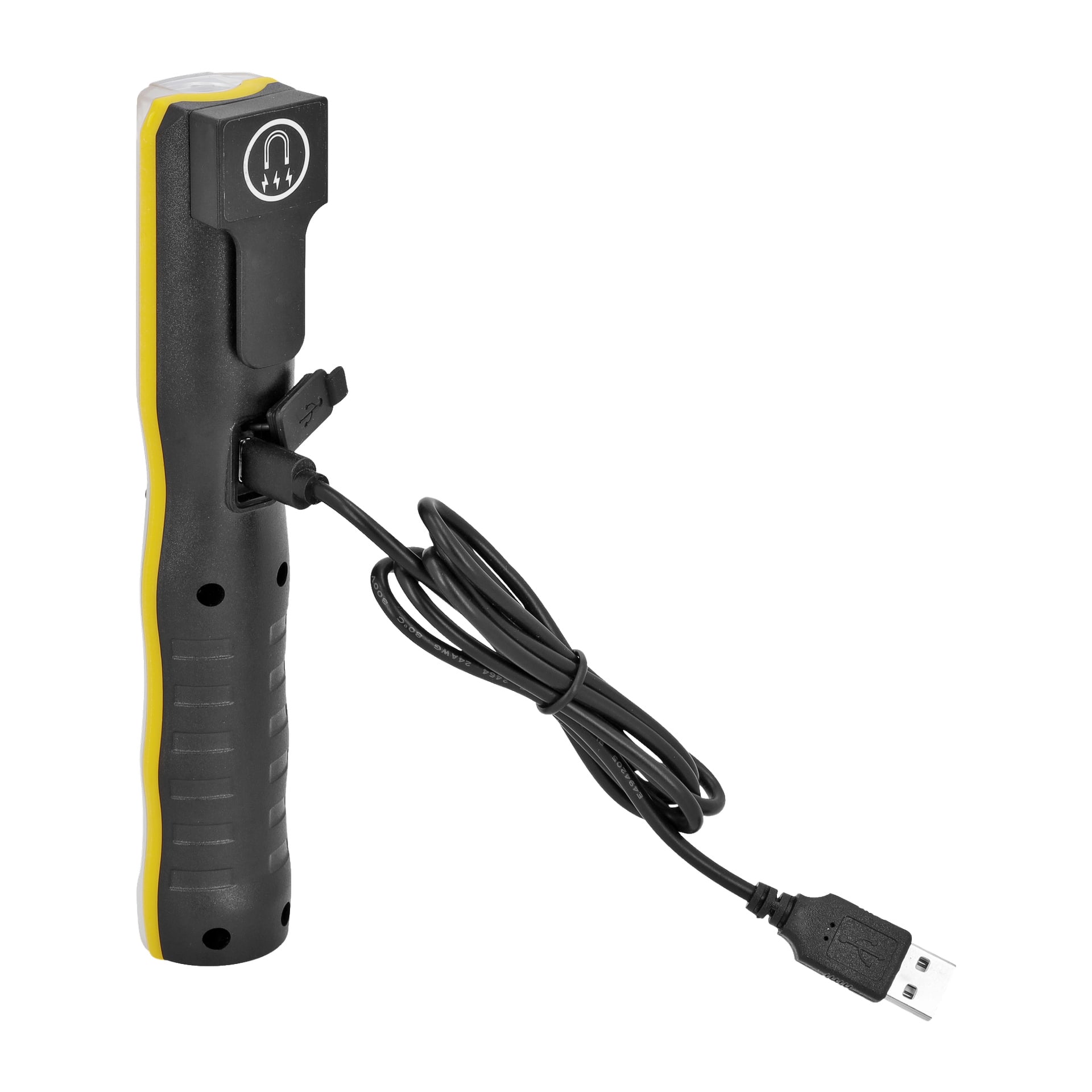 En svart och gul Anslut uppladdningsbar LED-arbetslampa med ett texturerat handtag, laddningsindikator på toppen och en USB-kabel ansluten till laddningsporten.