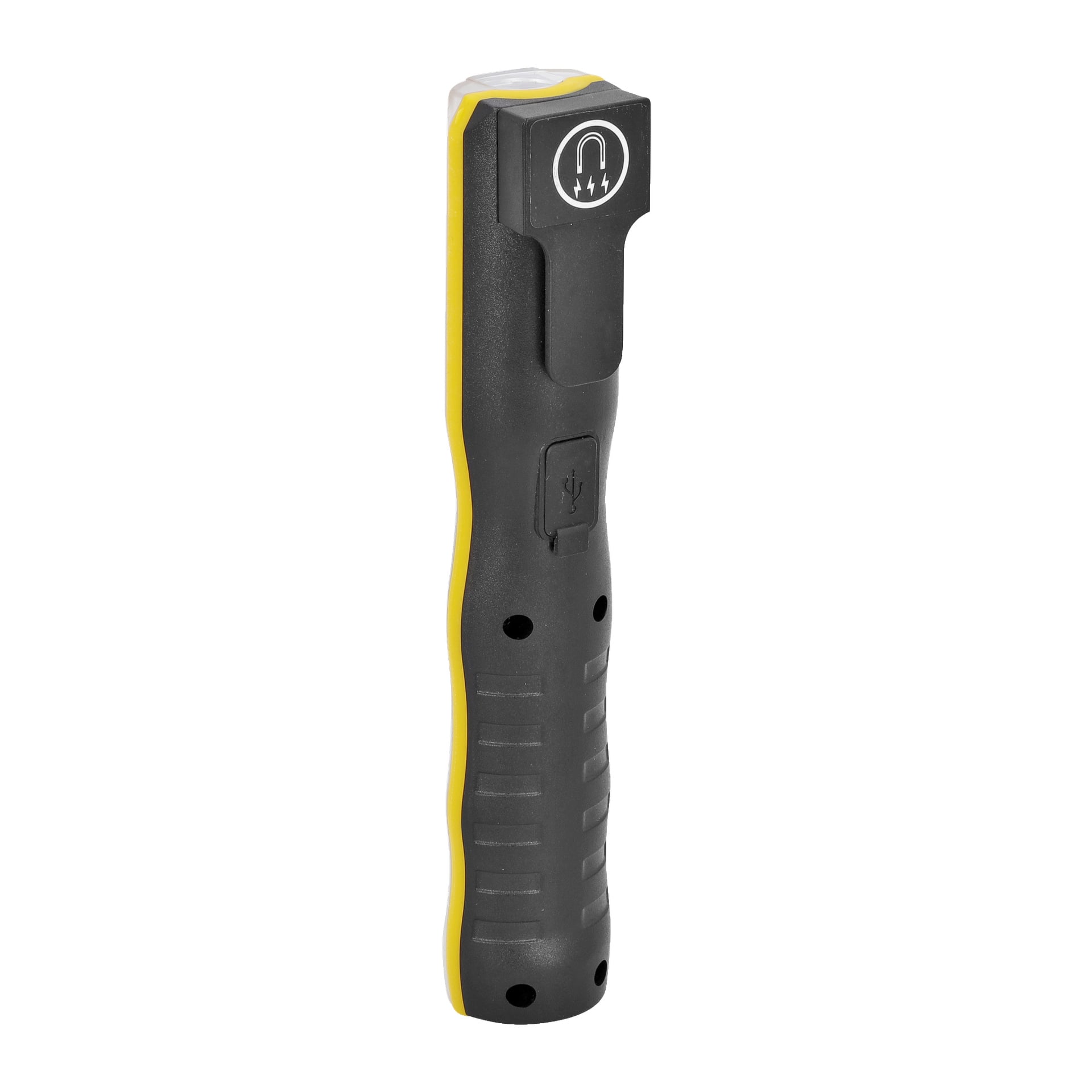 En svart och gul handhållen Anslut Rechargeable LED-arbetslampa med ett texturerat grepp, utrustad med en USB-laddningsport och med en magnetsymbol nära toppen.