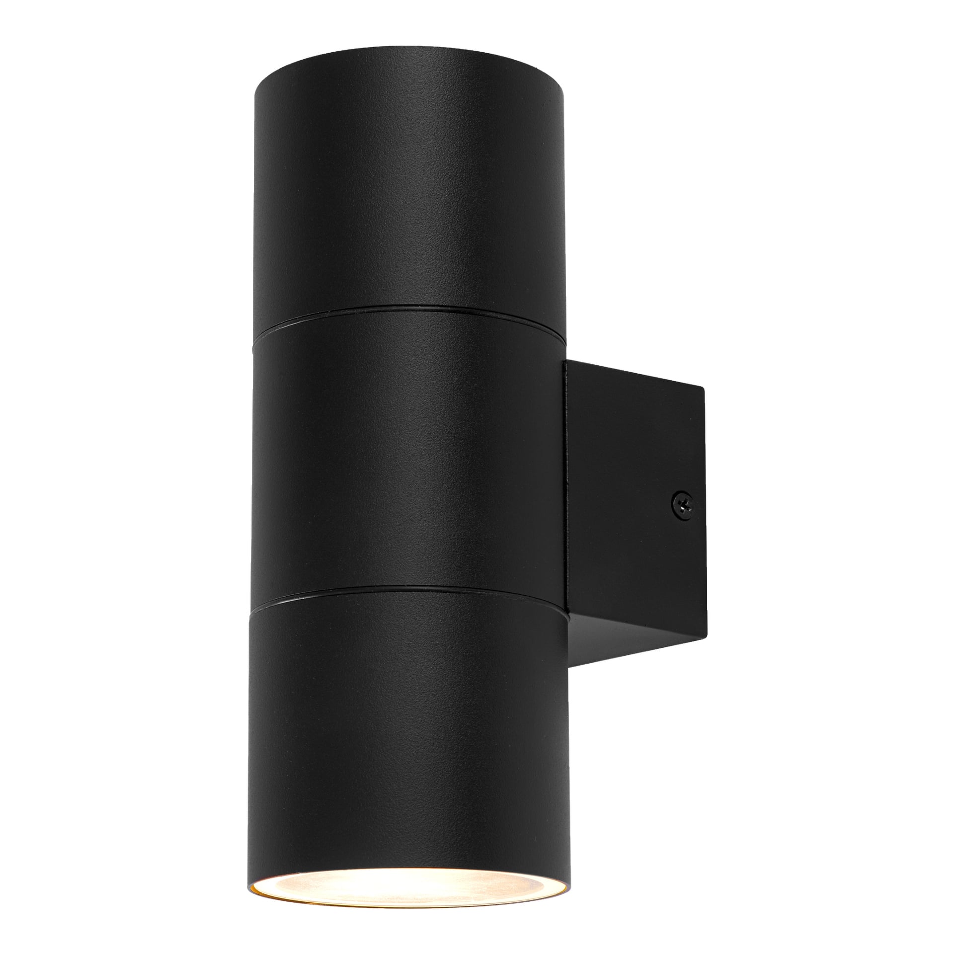 EKVIP Wall Spotlight har en matt svart, cylindrisk design monterad på en rektangulär bas som kastar ljus både uppåt och nedåt.