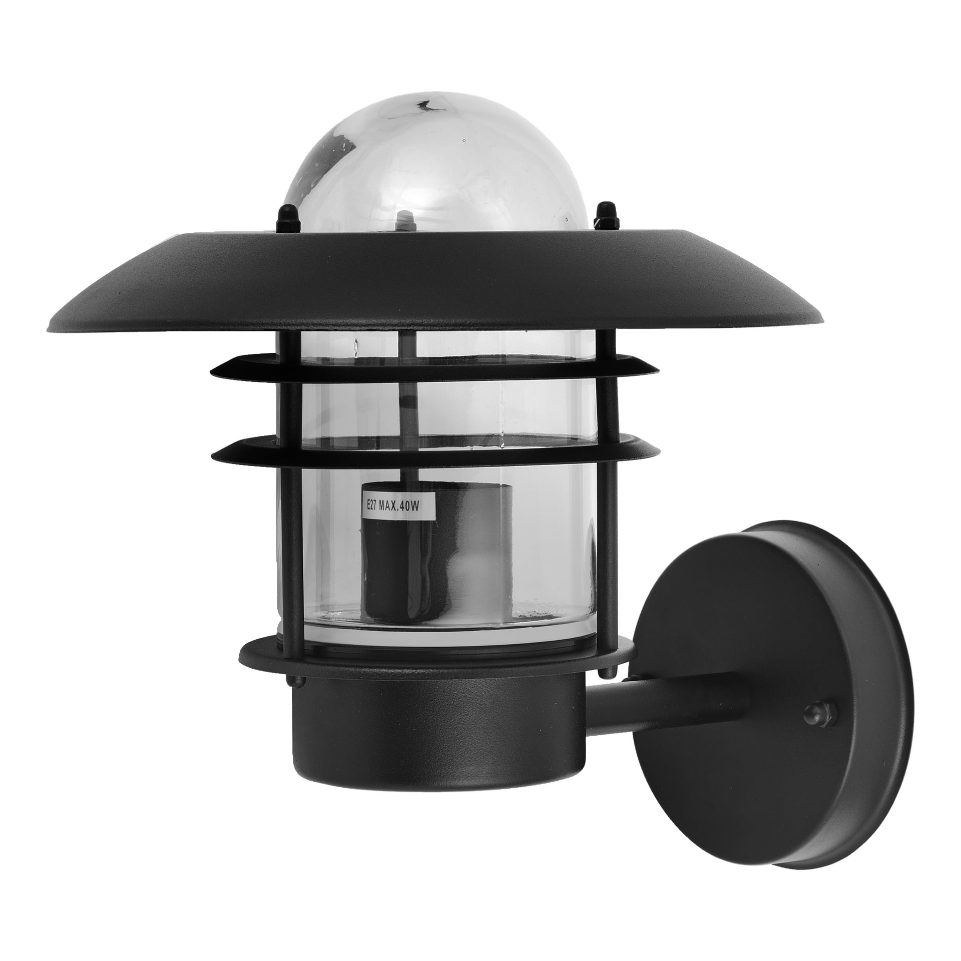 EKVIP vägglampa är en svart utomhuslampa med en rund kupolformad topp, glashylsa och horisontella metallstänger, fästa vid en cirkulär bas. Lampsockeln kan ses genom glaset.
