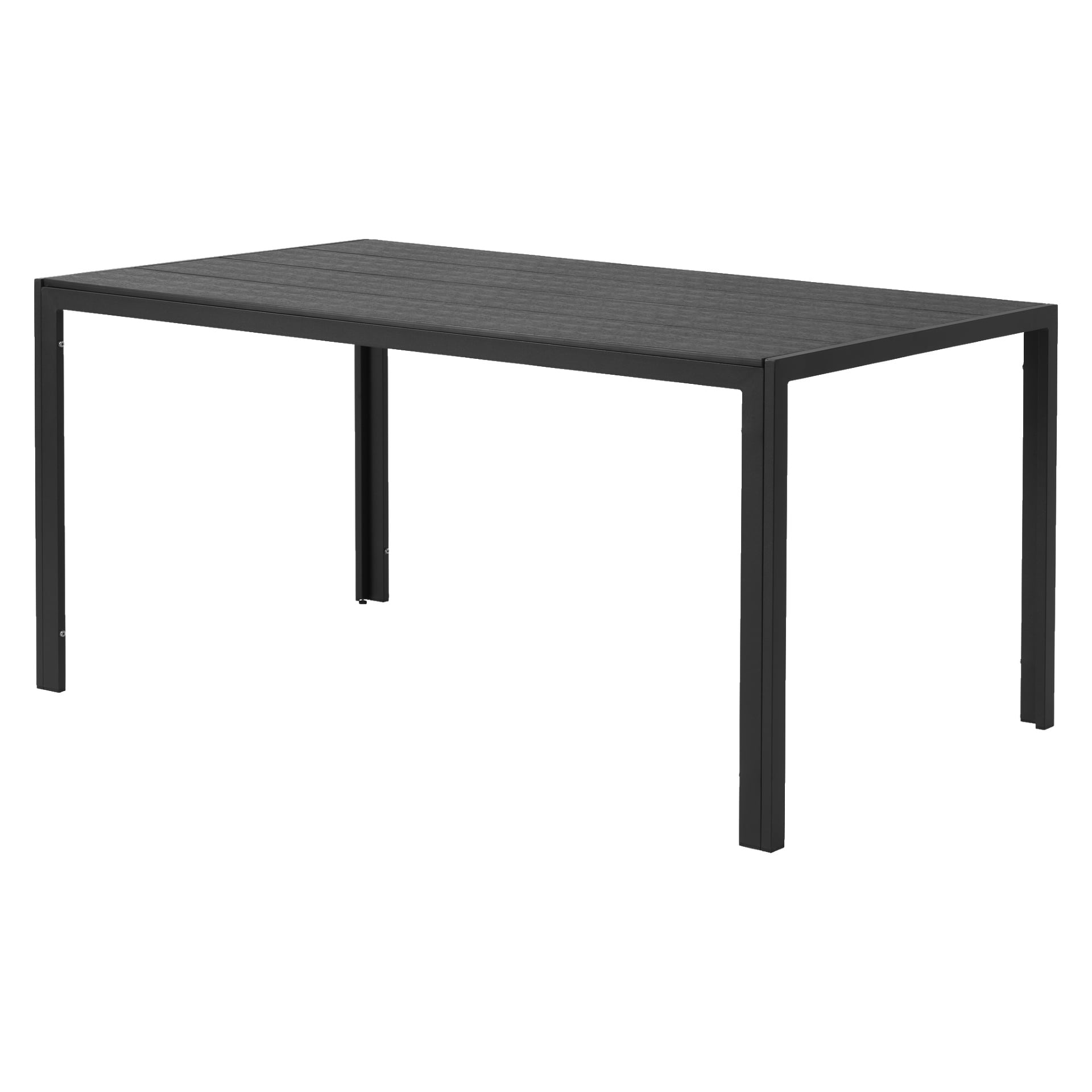 EKVIP-bordet visar upp en slank, rektangulär svart form med en samtida minimalistisk stil. Dess yta har en svag texturerad design och de fyra raka benen är enkla och utan utsmyckningar, vilket betonar dess moderna enkelhet.