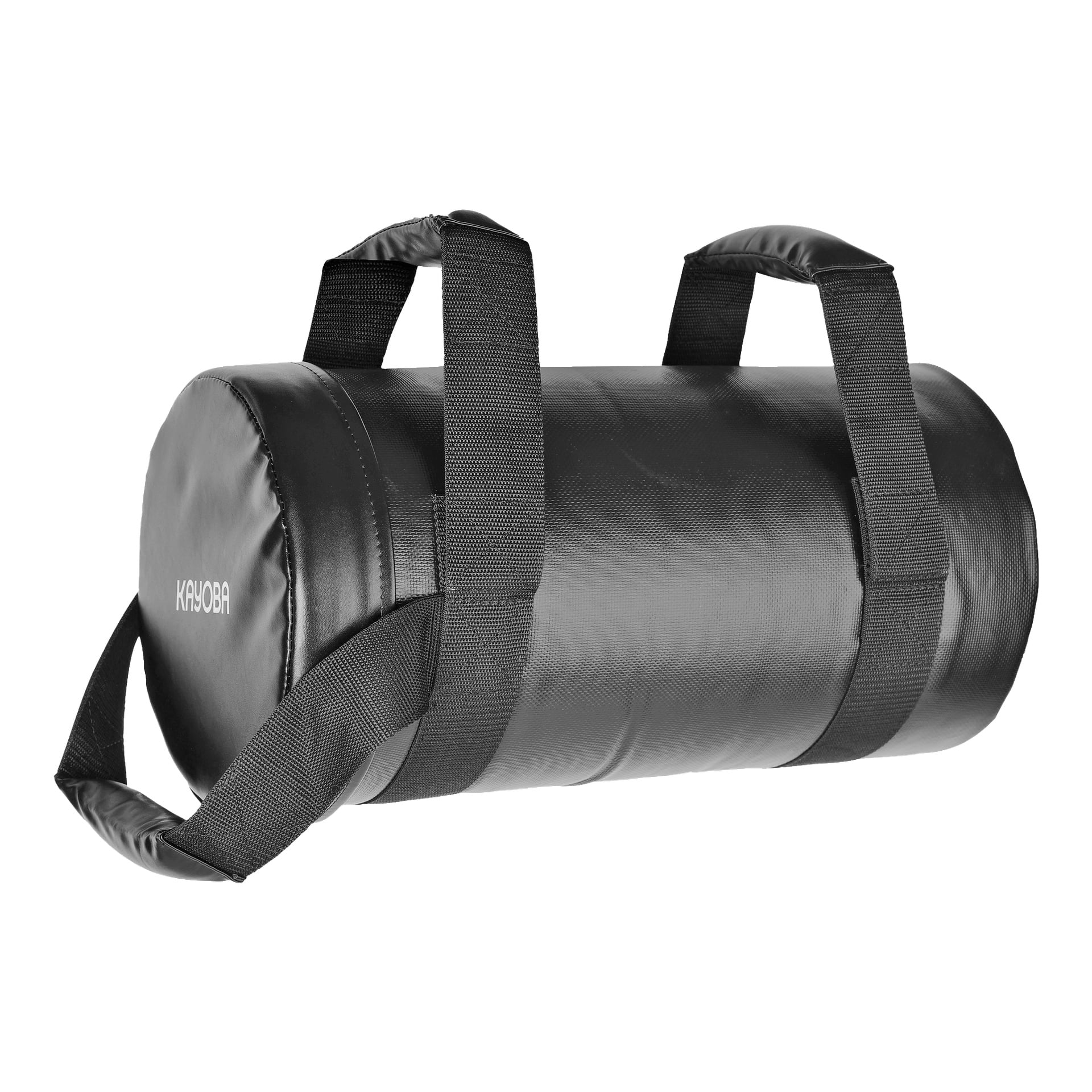 En svart cylindrisk Powerbag fitness sandbag från Kayoba visas, med fyra robusta handtag och en texturerad yta. Namnet Kayoba står i ena änden av påsen.