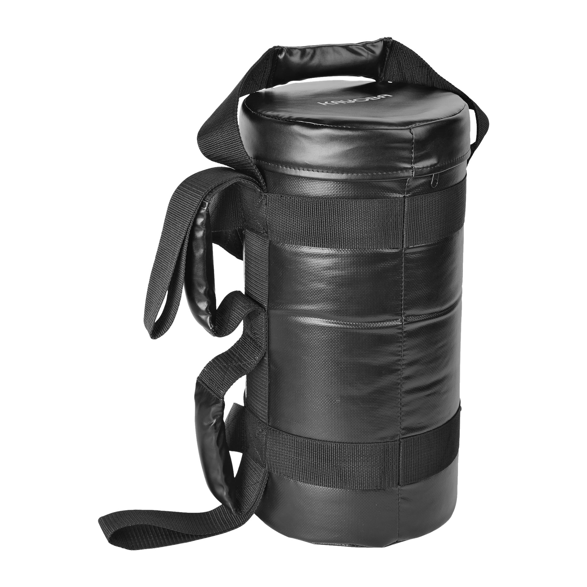 En Kayoba Powerbag, cylindrisk och svart med vadderade sidor, har flera svarta remmar och handtag för mångsidigt grepp. Designad för sport eller kampsportsträning, visas den stående upprätt.