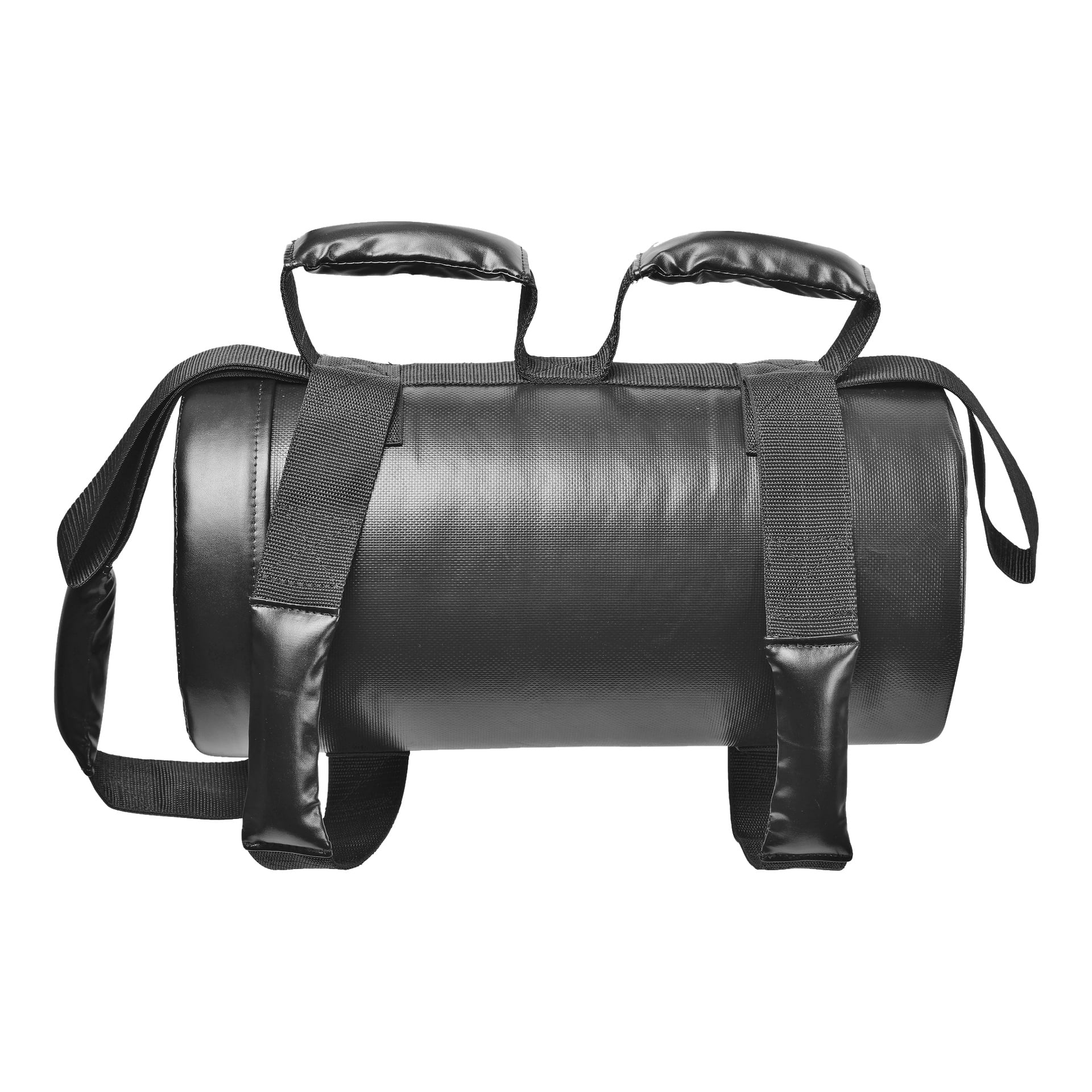 En svart cylindrisk Kayoba Powerbag med fyra vadderade handtag och två breda remmar, använd för styrketräning eller funktionella träningsövningar.
