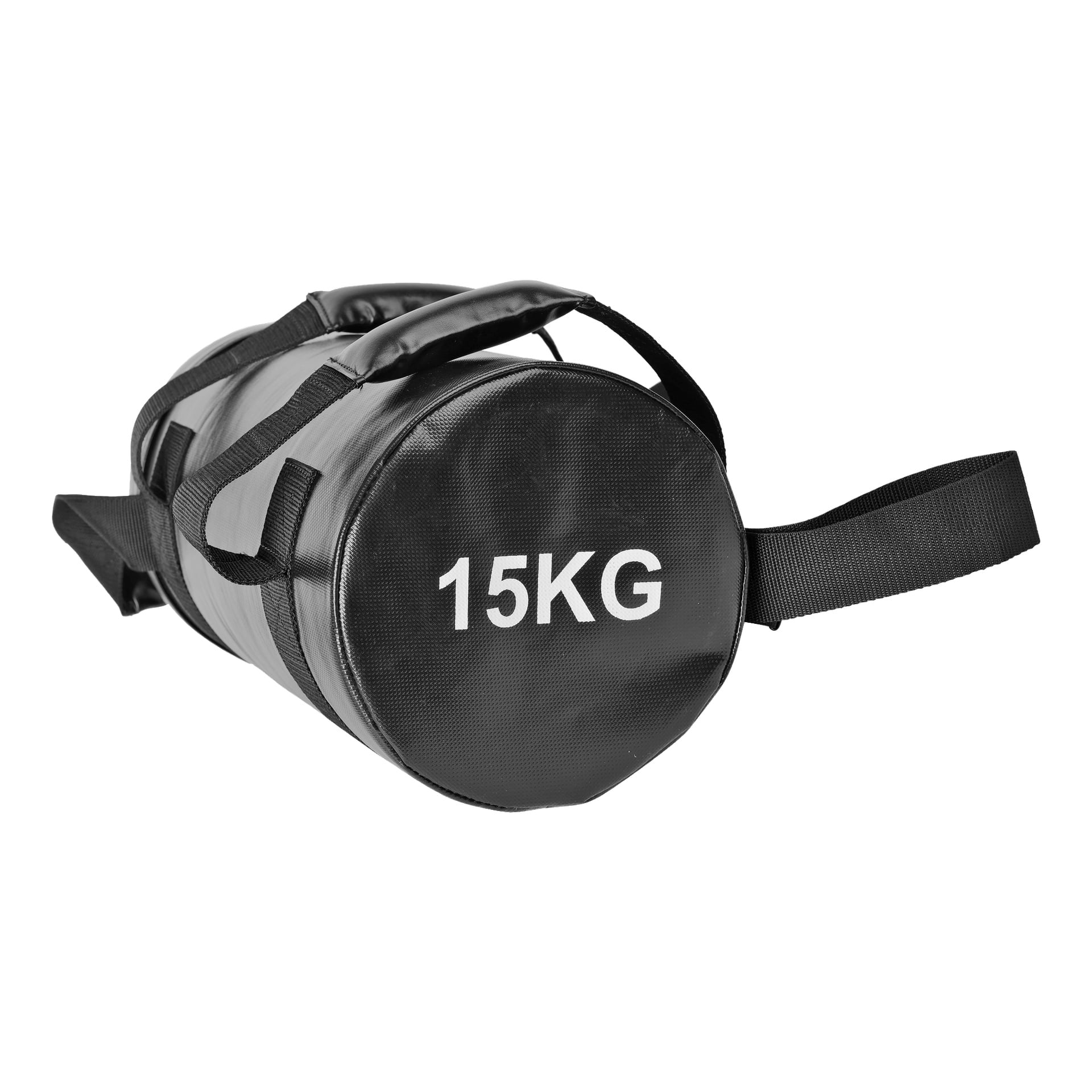 En svart, cylindrisk Kayoba Powerbag med två bärhandtag och "15KG" visas i vit text i ena änden.