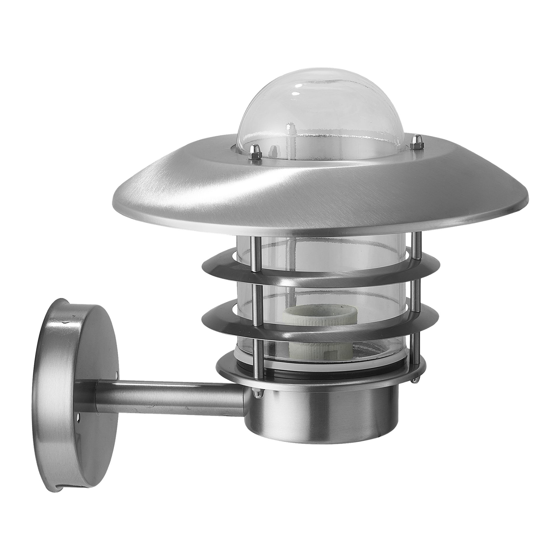 Vi presenterar EKVIP-vägglampan – en slank, silverfärgad utomhusvägg med en cylindrisk glasskärm, accentuerad med metallringar och toppad med en rundad kupol. Dess stadiga fäste säkerställer säker installation för pålitlig utomhusbelysning.