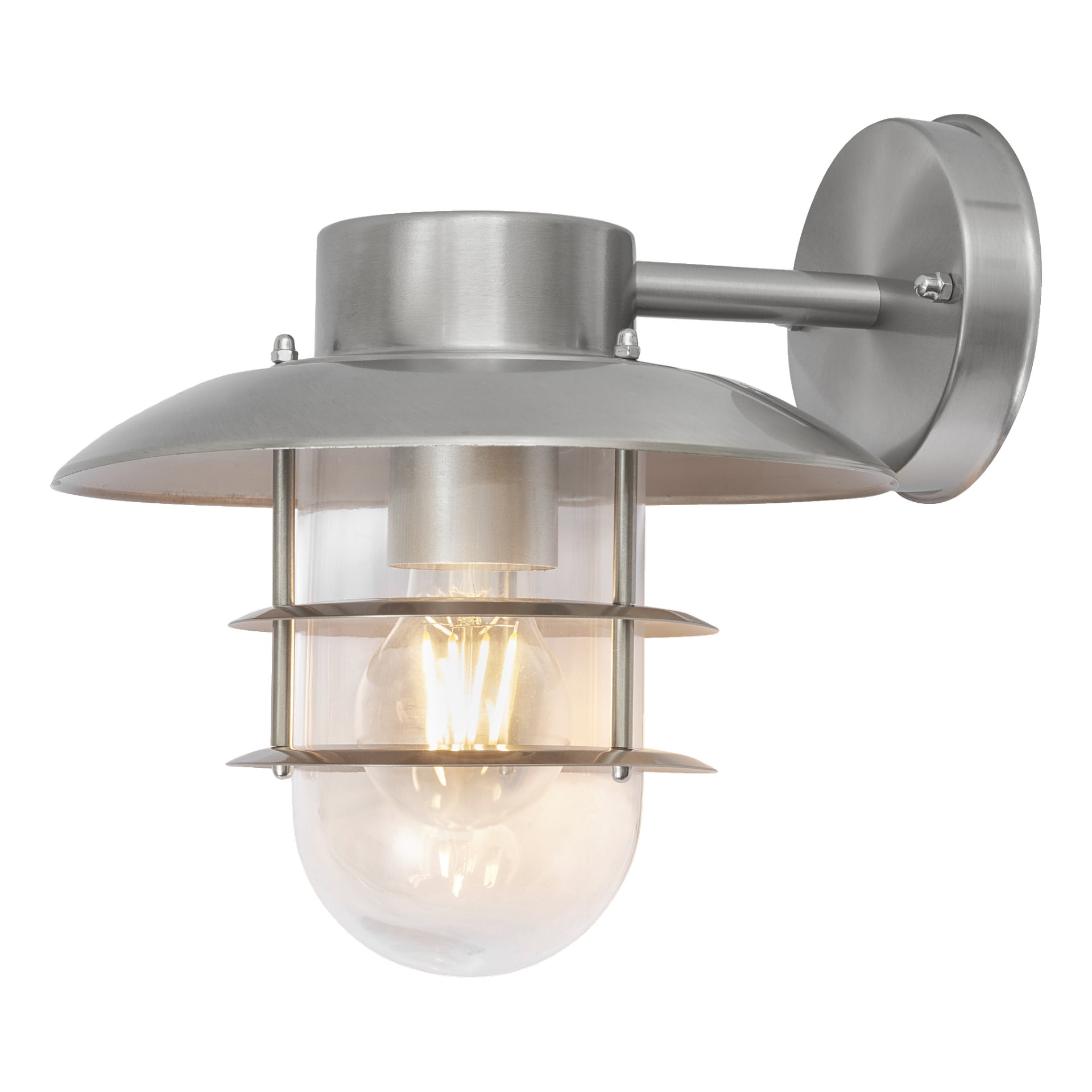 EKVIP vägglampa: En utomhusvägglampa i modern industridesign, med en borstad metallkropp, klar glasskärm som visar lampan och monterad på en cirkulär väggplatta via en kompaktarm.
