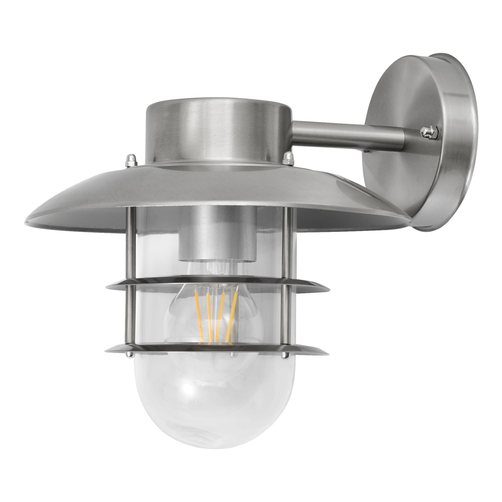 En slank och modern utomhusvägglampa i rostfritt stål, EKVAP-vägglampan har ett cirkulärt väggfäste, en platt konformad skärm, klart glas runt lampan och en exponerad LED-lampa i mitten.