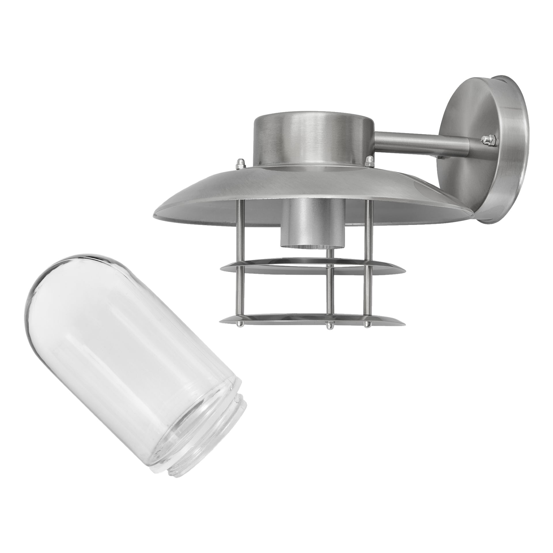 EKVIP-vägglampan är en hållbar metalllampa för utomhus med en robust skyddande bur. Dess klara, gängade glaslock visas losstaget och placerat vid sidan av armaturen.