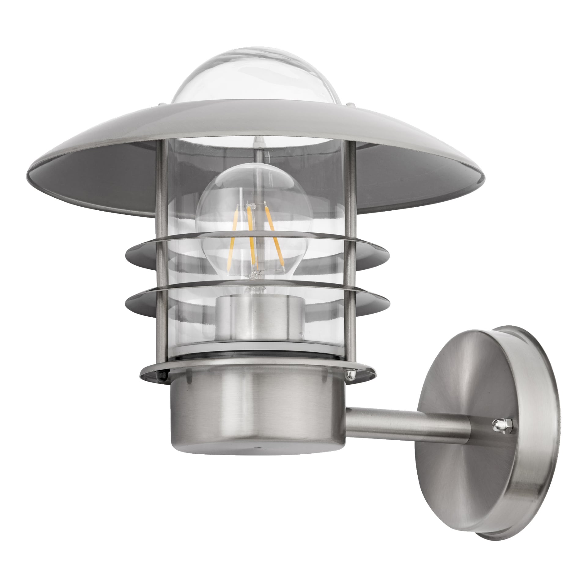 EKVIP vägglampa är en utomhuslampa av rostfritt stål, designad för att monteras på ytterväggar. Den har en rund bas, ett cylindriskt glasskydd för lampan, en exponerad glödtrådslampa inuti och lager av metallskärmar.