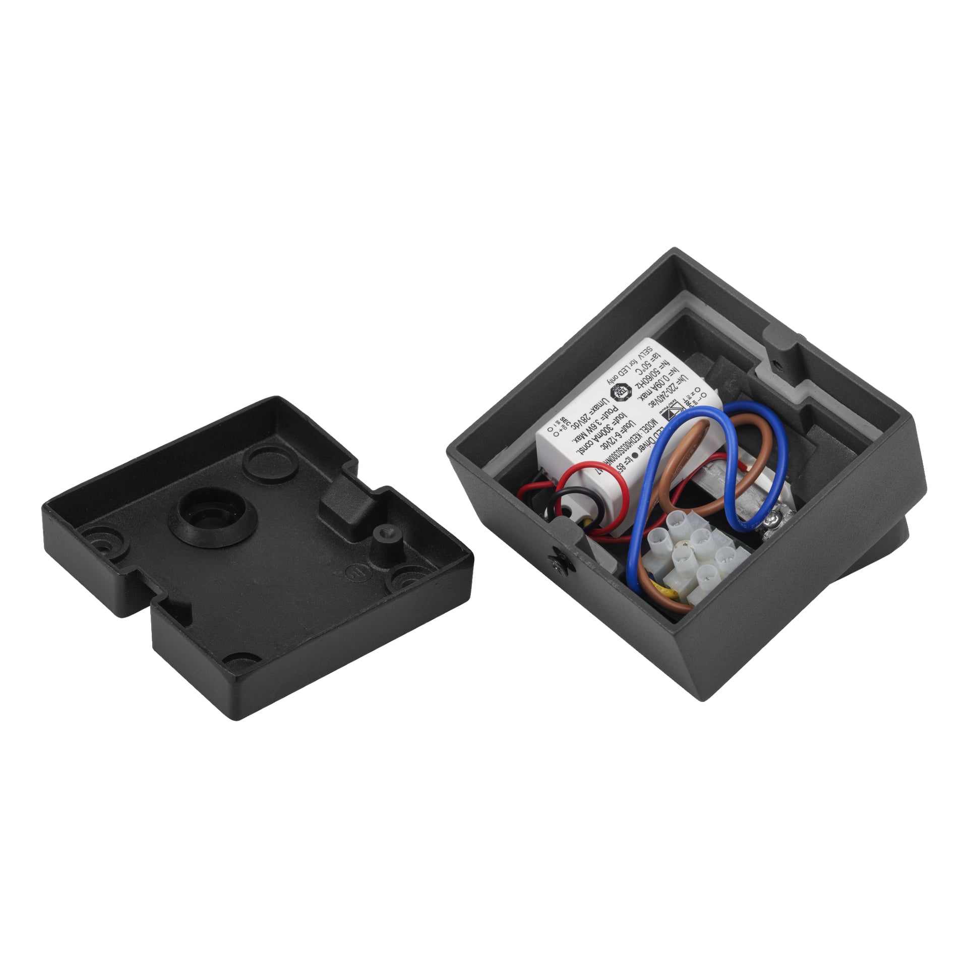 En kompakt svart plast EKVIP Wall Spotlight LED-kopplingsdosa visas med locket avtaget, vilket blottar intern ledning, terminalkontakter och en etikett med tekniska detaljer.