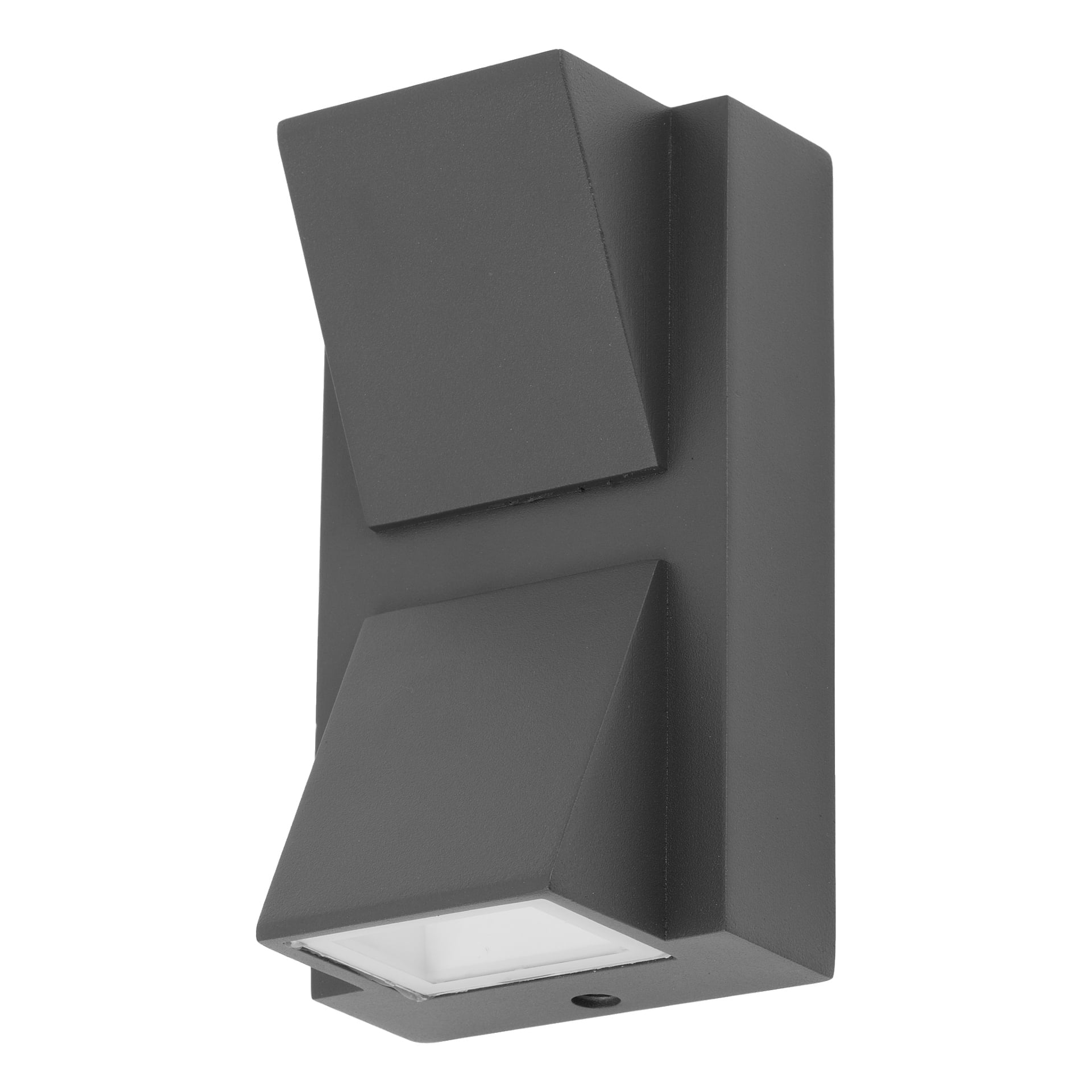 En modern rektangulär EKVIP väggspotlight LED, färdig i matt svart, med två trapetsformade lock placerade ovanför och under den centrala lampan. Designen kastar ljus både uppåt och nedåt.