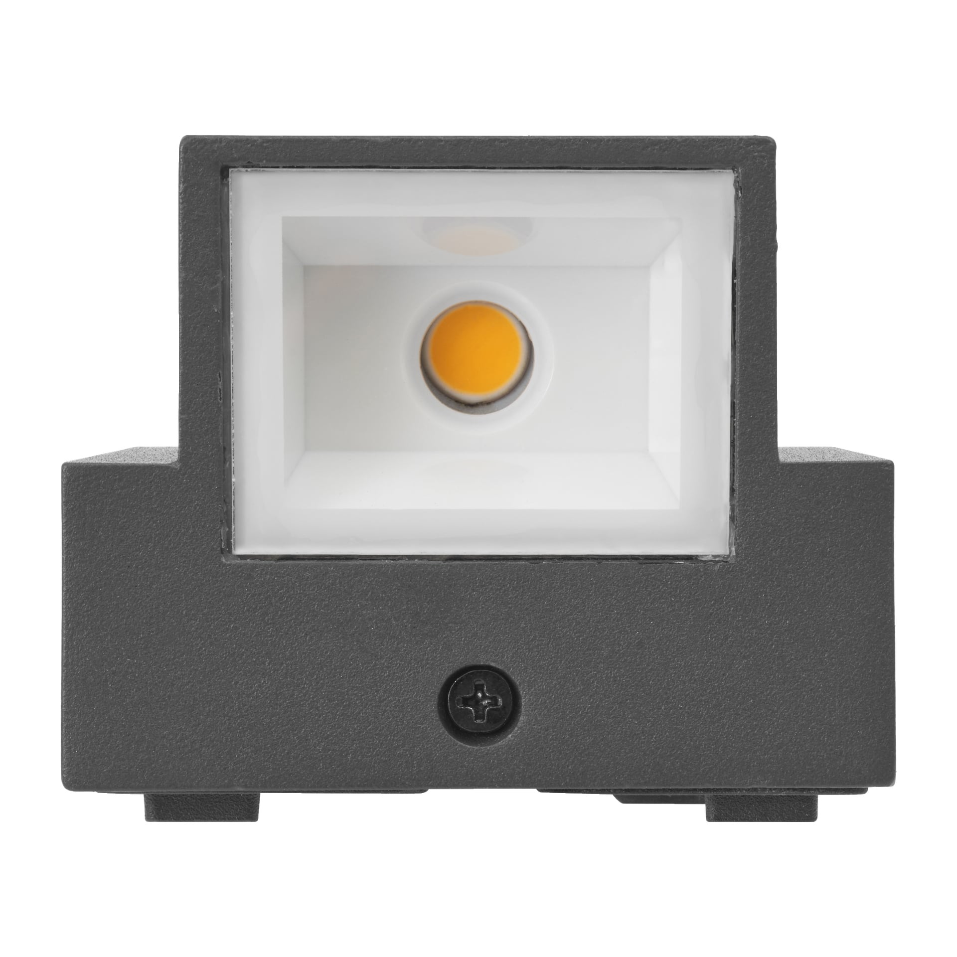 EKVIP väggstrålkastarljus i framsidan, med ett rektangulärt svart hus med en central gul LED inuti ett vitt reflekterande område och en skruv synlig i mitten av nederkanten.