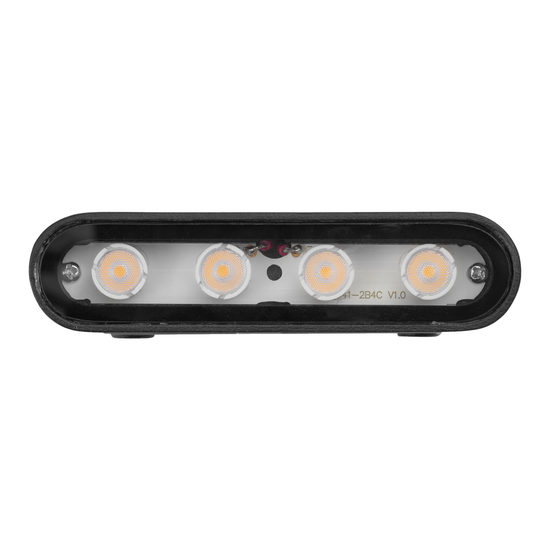 Närbild av EKVIP Wall spotlight LED, som visar fyra orange cirkulära LED-lampor placerade i ett rektangulärt svart hölje, sedda direkt framifrån.