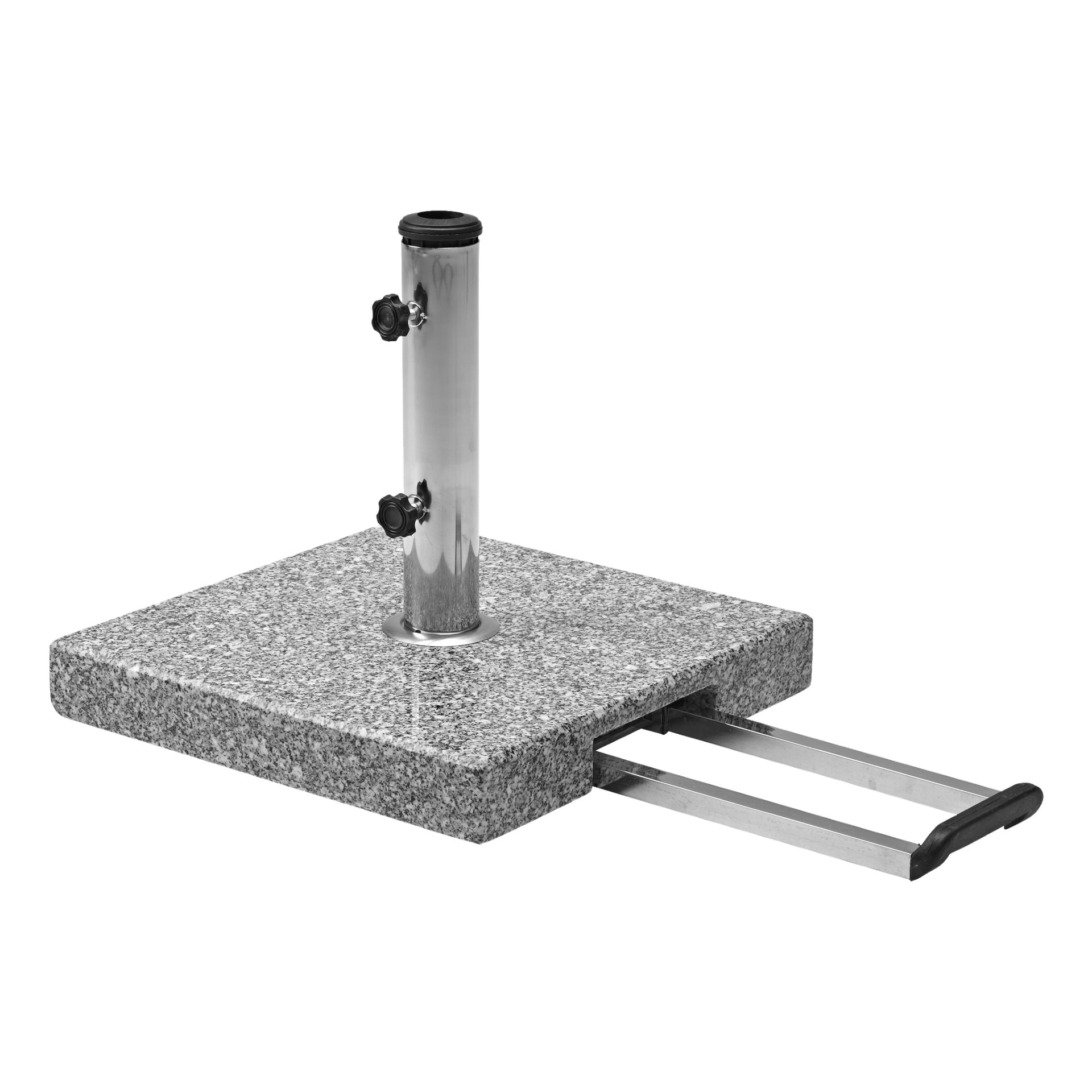 EKVAPs parasollsockel visar en fyrkantig granitstruktur med en central metallhållare för stången och två sidoknoppar för att säkerställa säker fäste. Ett utdraget metallhandtag är integrerat i basen, vilket möjliggör enkel förflyttning eller transport.