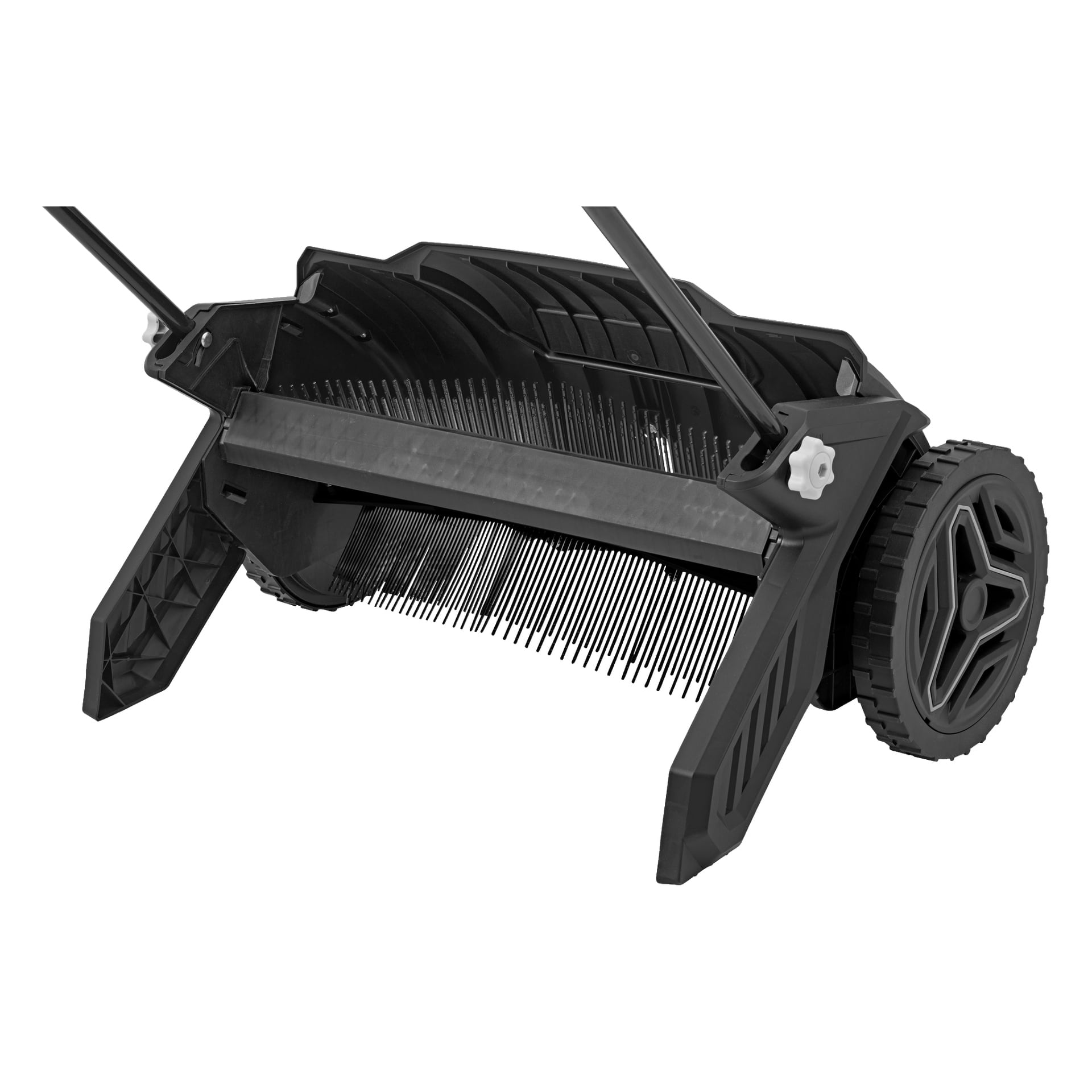 Detaljerad undersida av Hard Head Leaf Collector med starka metallpinnar, hållbara plasthjul och en robust ram anpassad för effektiv gräsmatteskötsel. Fokus ligger på lövinsamlingssystemet.