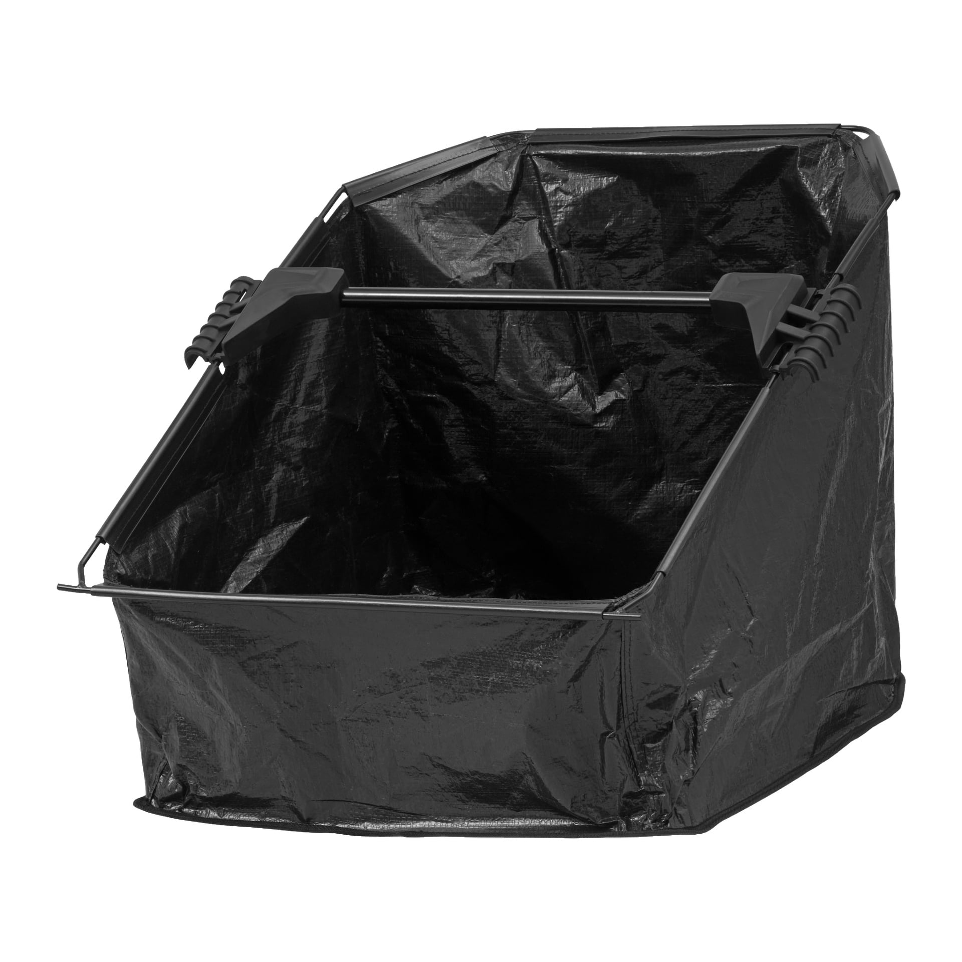 En rymlig, rektangulär bladsamlare märkt "Hard Head", gjord av svart plast eller tyg med öppen topp och en metallstödsstav, avsedd för att samla blad och liknande material.