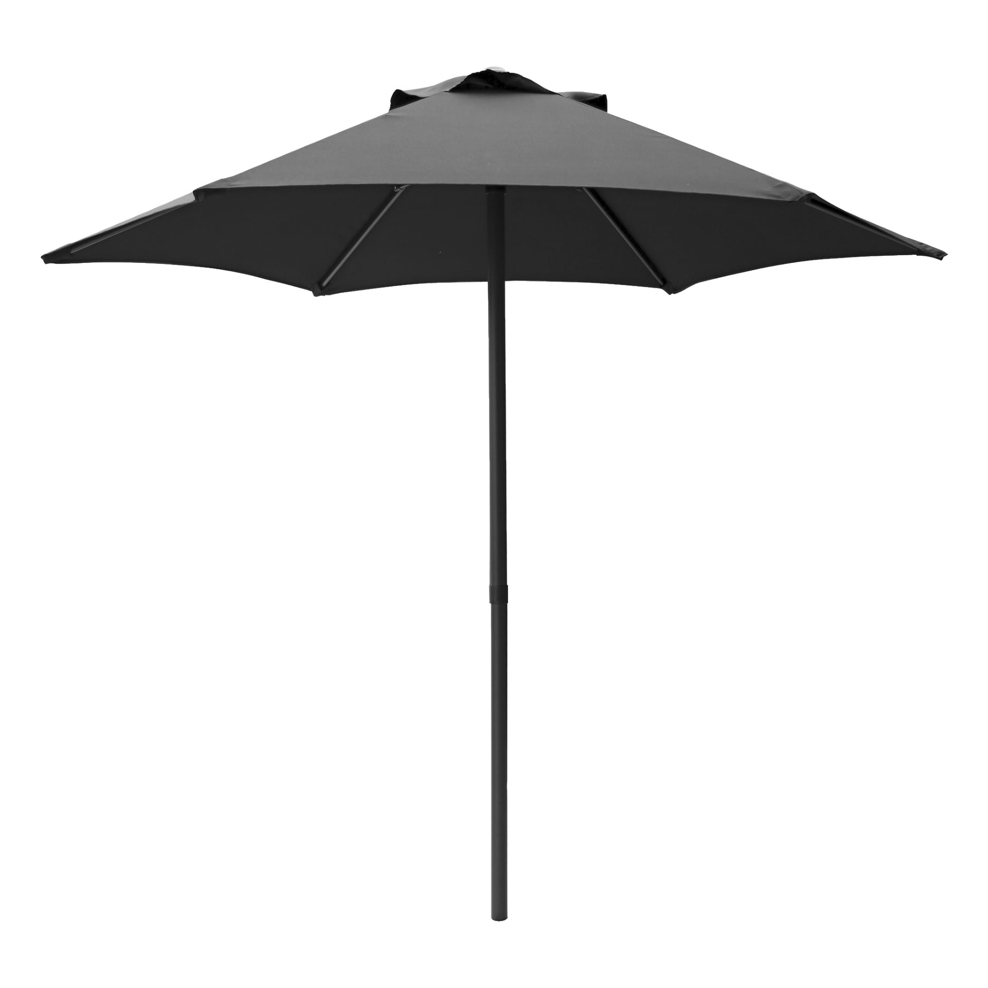 Ett EKVIP-parasol med ett stort svart tak, åtta bärande ribbor och en rak central stång.