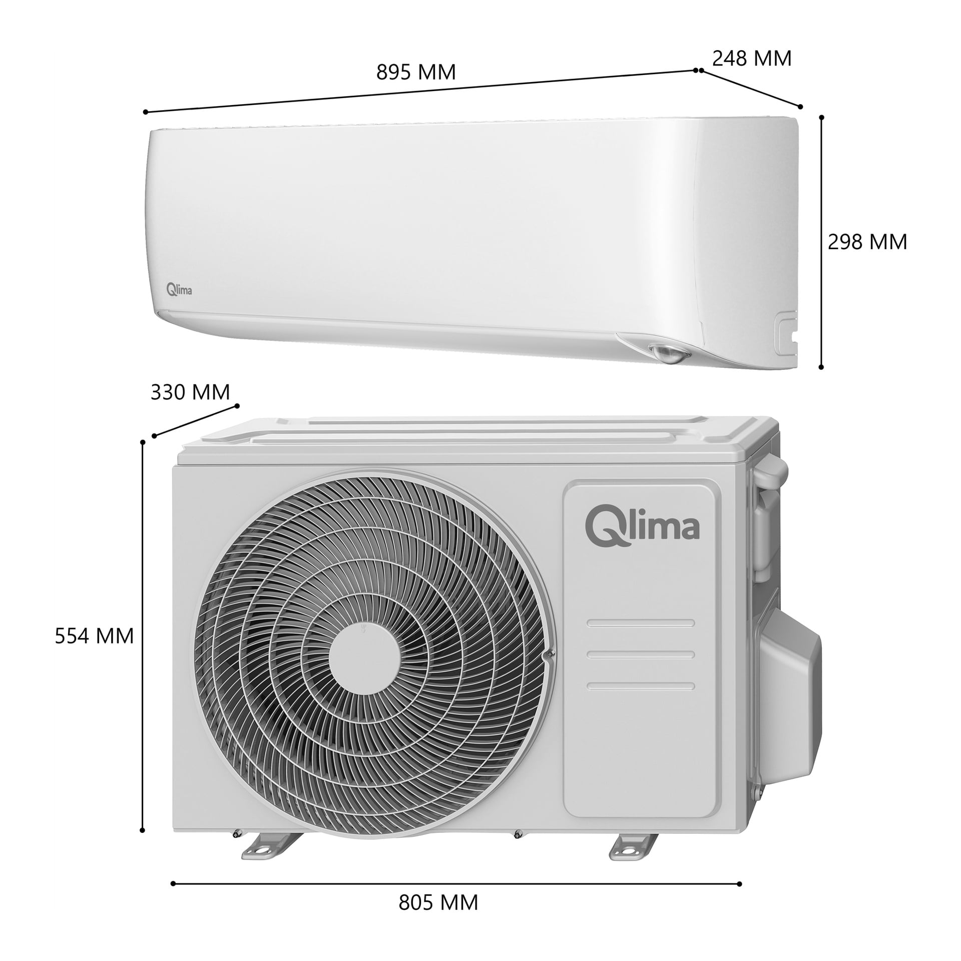 En Qlima Air S-JA 7222 värmepump visas, inklusive en rektangulär väggmonterad inomhusenhet (895x298x248 mm) och en utomhusenhet (805x554x330 mm), båda i vitt. Utomhuskomponenten visar varumärke och har en synlig fläkt.