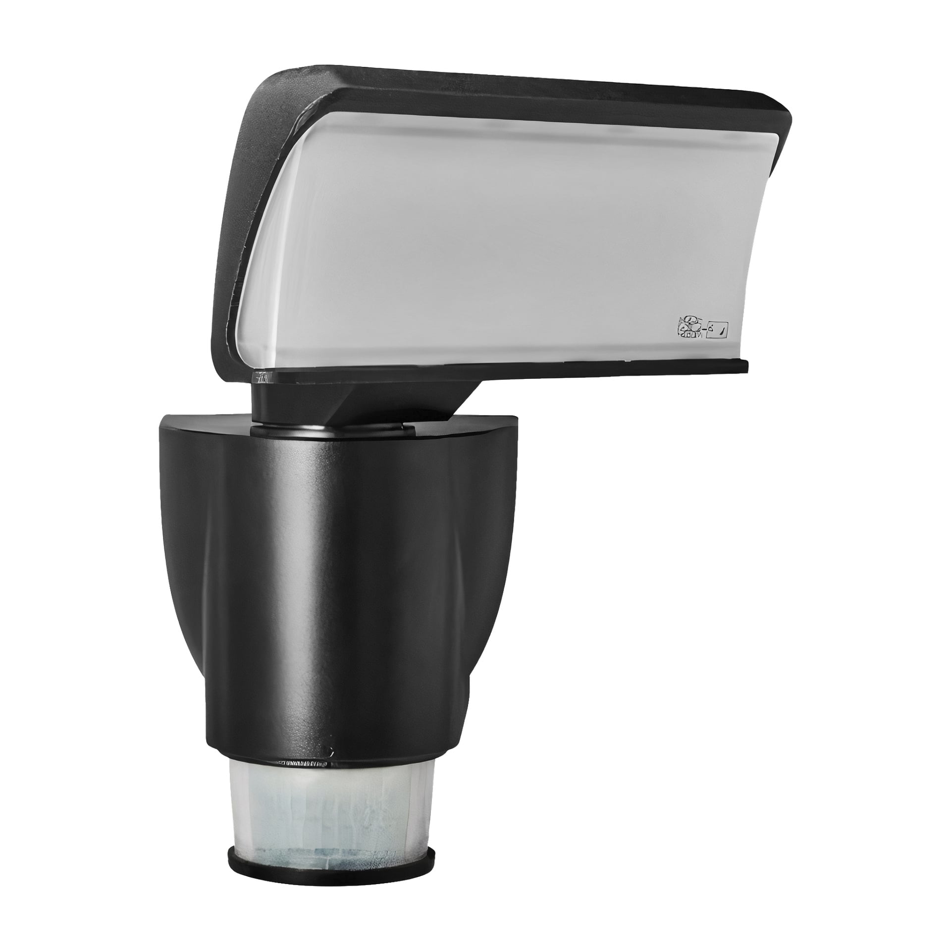 Anslut Robotic Floodlight är en utomhus LED-väggmonterad lampa i svartvitt, designad med en utåtvinklad rektangulär topp och en rundad sensorenhet under.