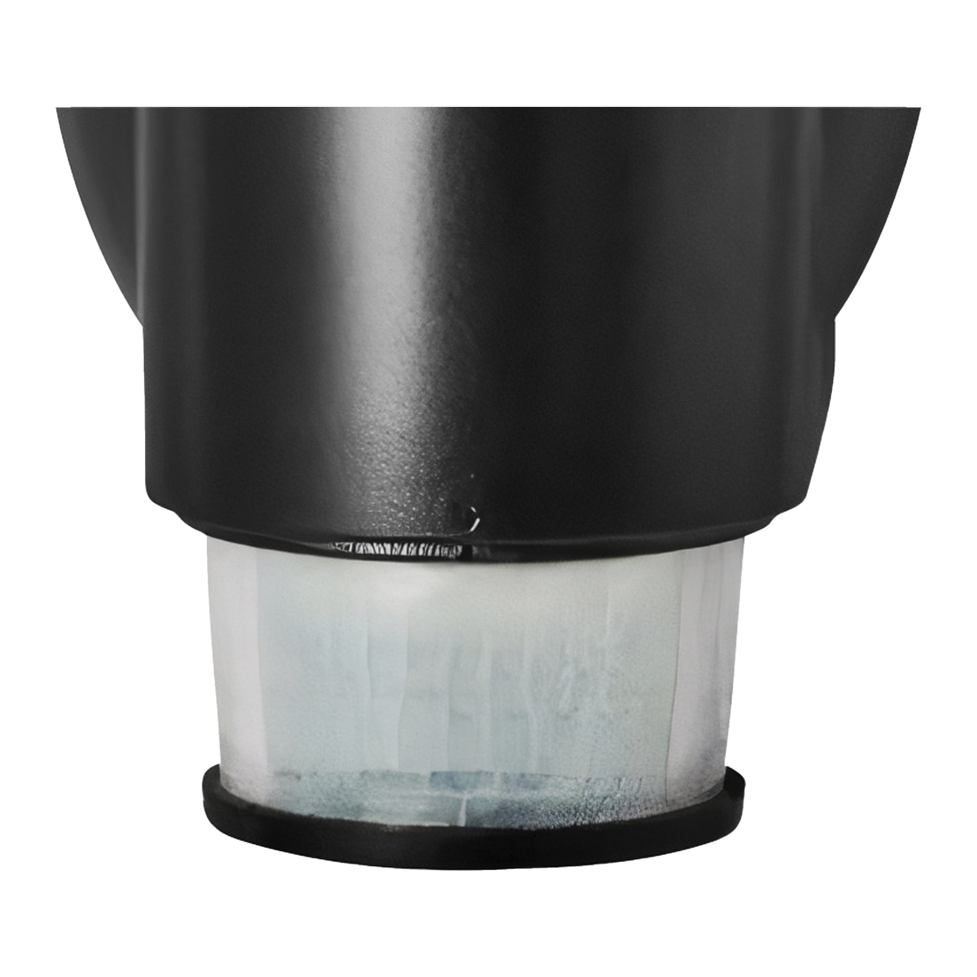 Närbild av Anslut LED Robotic Floodlight, som visar dess släta svarta hölje och klara nedre del. Fokus ligger på enhetens nedre område.