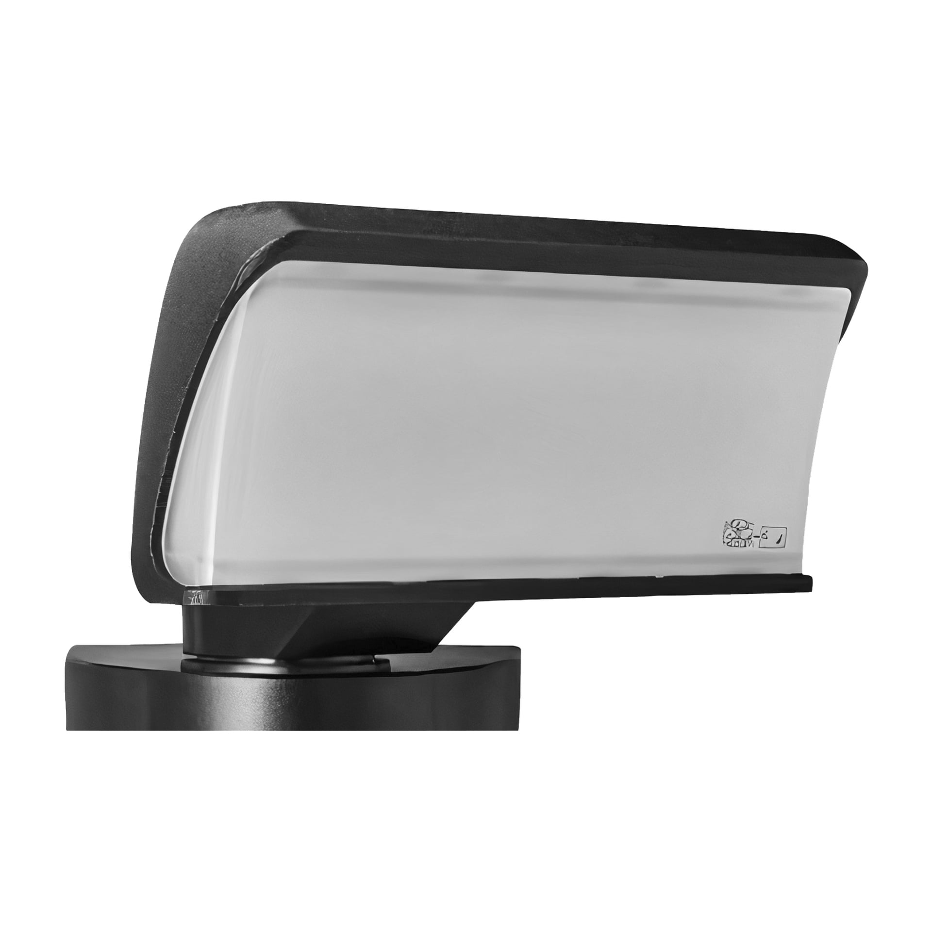 En närbild av Anslut LED Robotic Floodlight visar dess rektangulära, genomskinliga panel placerad i ett svart hölje och monterat på en stolpe. Det finns en liten klisterlapp i nedre högra hörnet av panelen.