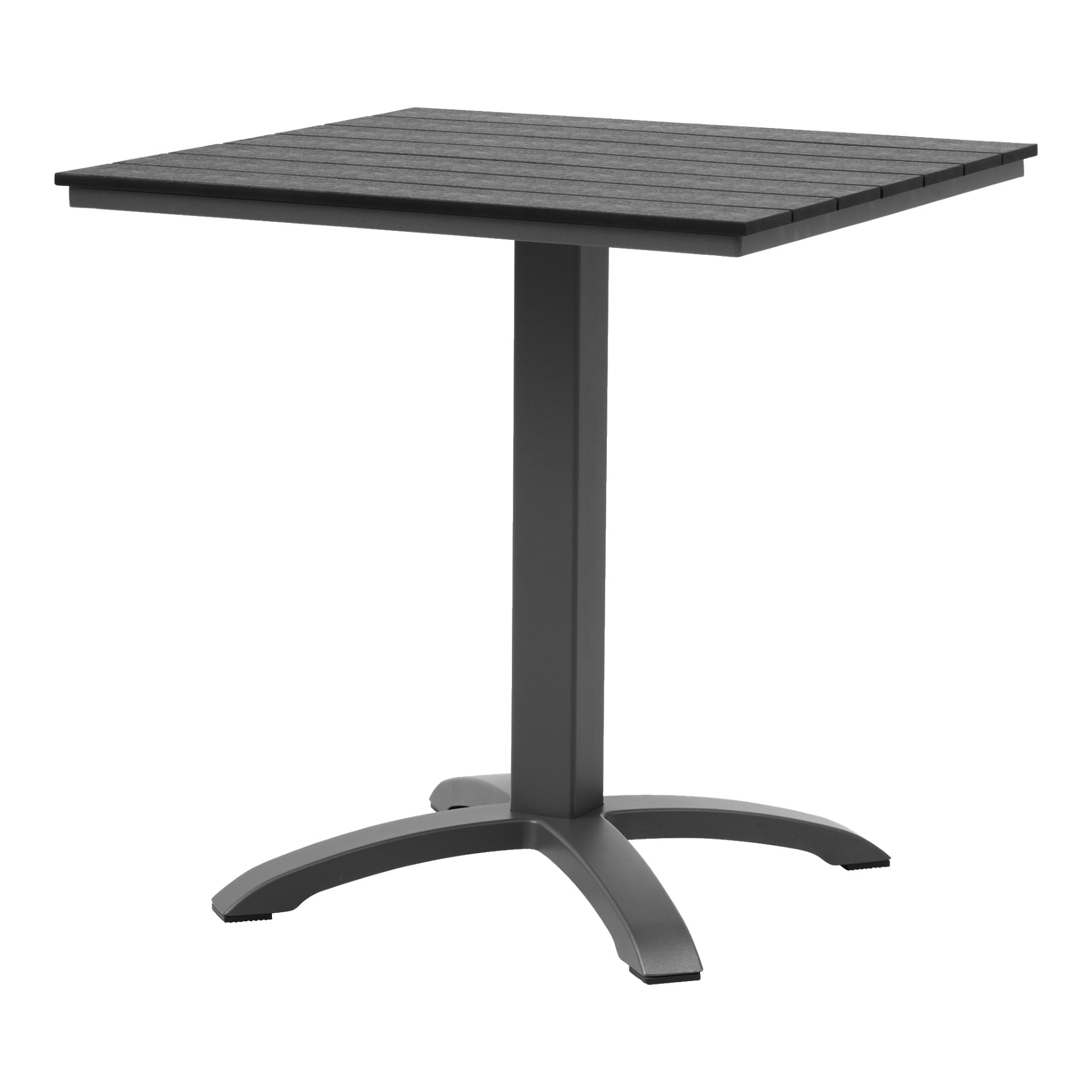 EKVAP-bordet är ett svart, fyrkantigt utomhusbord med en ribbelyta och en central sockel som förgrenar sig i fyra fot för stöd.