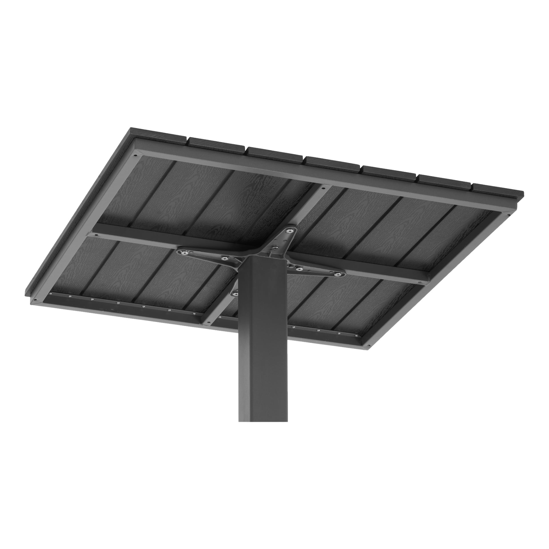 Närbild av undersidan av ett rektangulärt, mörkt EKVUP-bord med träpaneler, uppehållna av en central metallstolpe och tvärbalk.