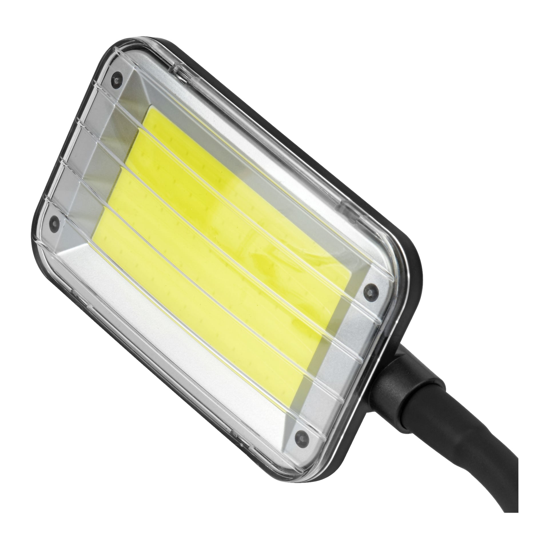 En närbild av Anslut Flexible LED-arbetslampan visar dess rektangulära design med ett genomskinligt frontskydd, gul panel under och en svart ram kopplad till en svart monteringsarm. Fokus ligger på framsidan och detaljer i detta LED-arbetsljus.