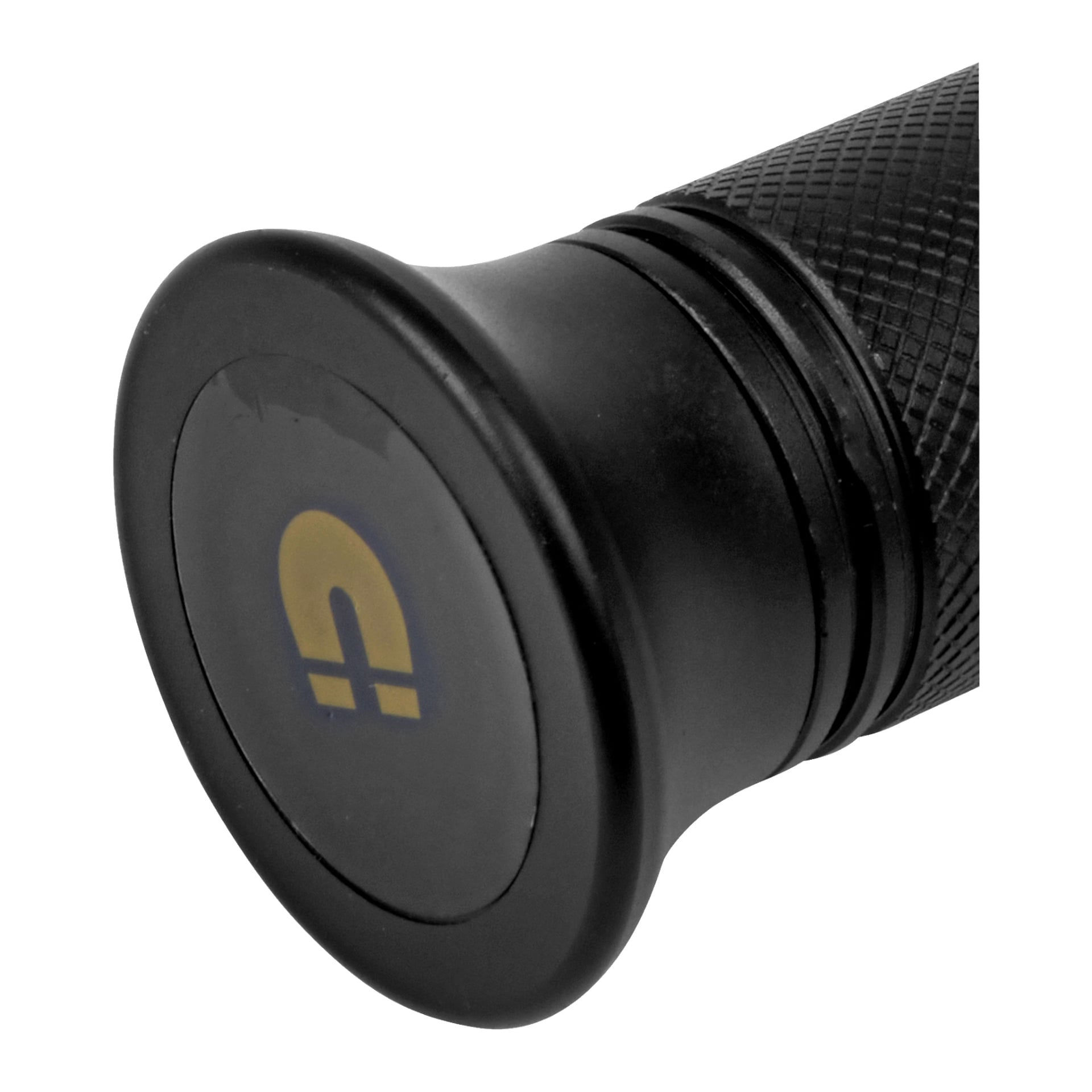 Detaljerad vy av Anslut Flexible Work Light LED, som visar dess svarta cylindriska kropp, texturerade grepp för säker hantering och en platt ändlock prydd med ett guld- och svart emblem som ser ut som en stiliserad bokstav P.