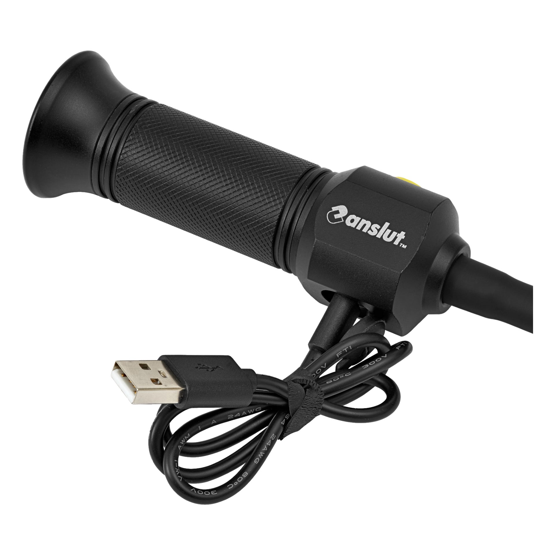 En svart, cylindrisk flexibel arbetslampa LED från Anslut med ett texturerat grepp och en ansluten USB-kabel och kontakt i ena änden.