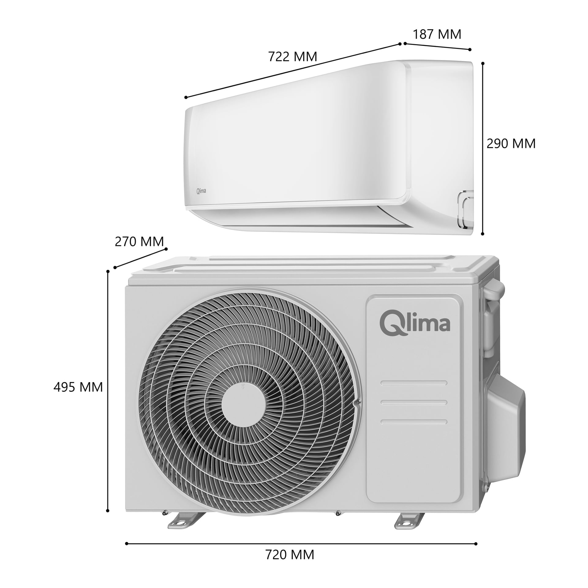 Delad bild som visar två delar av Qlima Airs värmepump S-JA 2522, med mått märkta i millimeter. Inomhusenheten är 722x290x187 mm och utomhusenheten är 720x495x270 mm. Båda är vita och rektangulära.