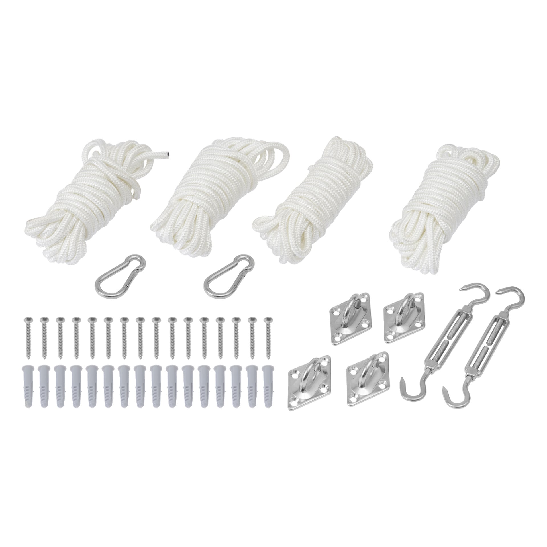 EKVIP Sun Sail Assembly Kit (44 delar) är prydligt uppställt och visar fyra virvlade vita rep, två karbinhakar, fyra metallplåtar, två krokar med hörnhorn, tio väggpluggar och tio skruvar.