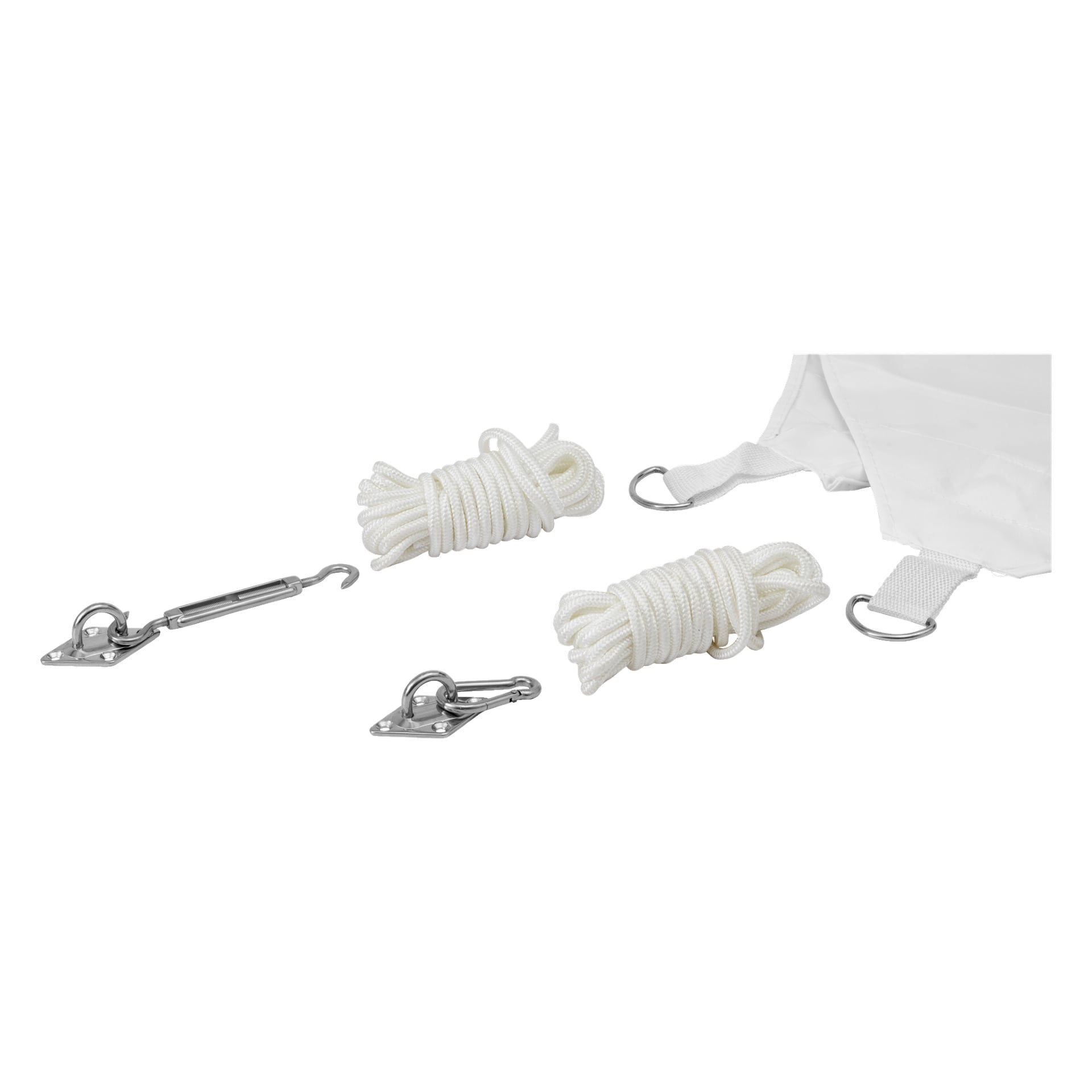 EKVIP Sun Sail Assembly Kit (44 delar) innehåller två ringlade vita rep, metallmonteringsbeslag och ett hörn av vitt solsegeltyg med metallringar fästa.