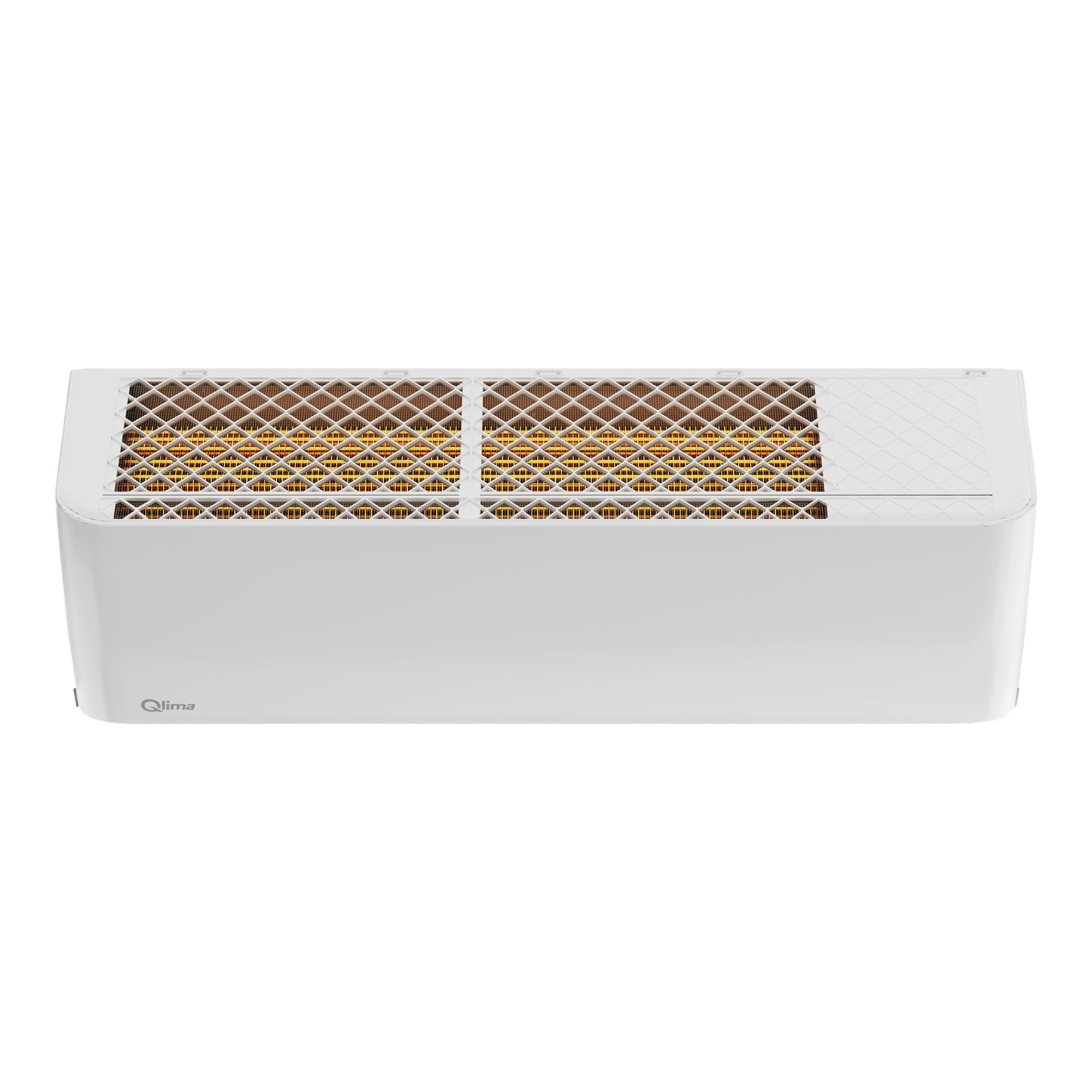 Qlima Airs värmepump S-JA 7222 är vit med en slank, rektangulär form och ett metallgaller på toppen som exponerar orange värmeslingor. Frampanelen har en liten Qlima-logotyp i nedre vänstra hörnet.