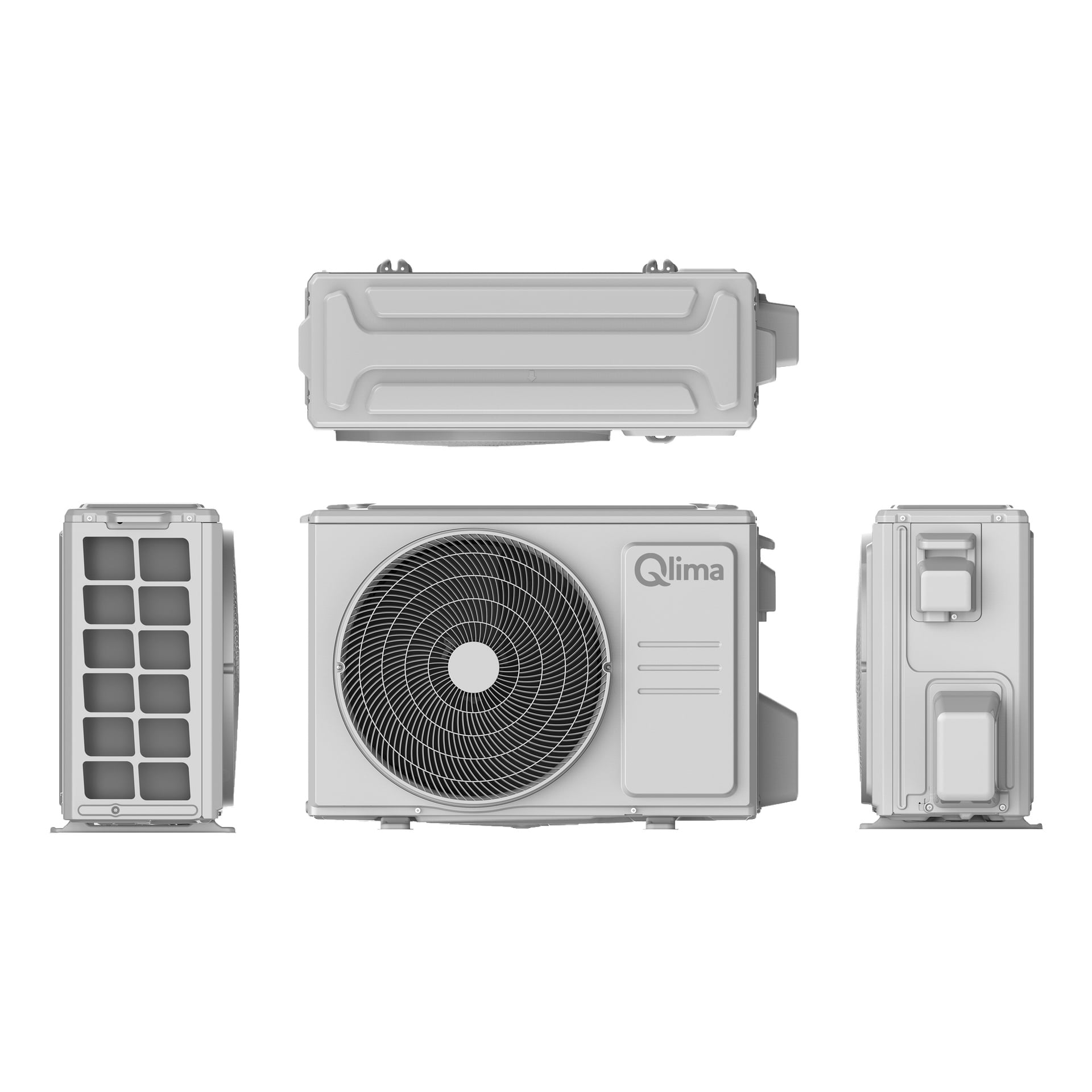 Qlima Air Heat Pump S-JA 2522 visas ur fyra vinklar: fram, bak, upptill och på sidan. Framsidan lyfter fram en framträdande fan och Qlima-varumärket. Baksidan har luftventiler, medan sidorna visar olika paneler och kontakter.